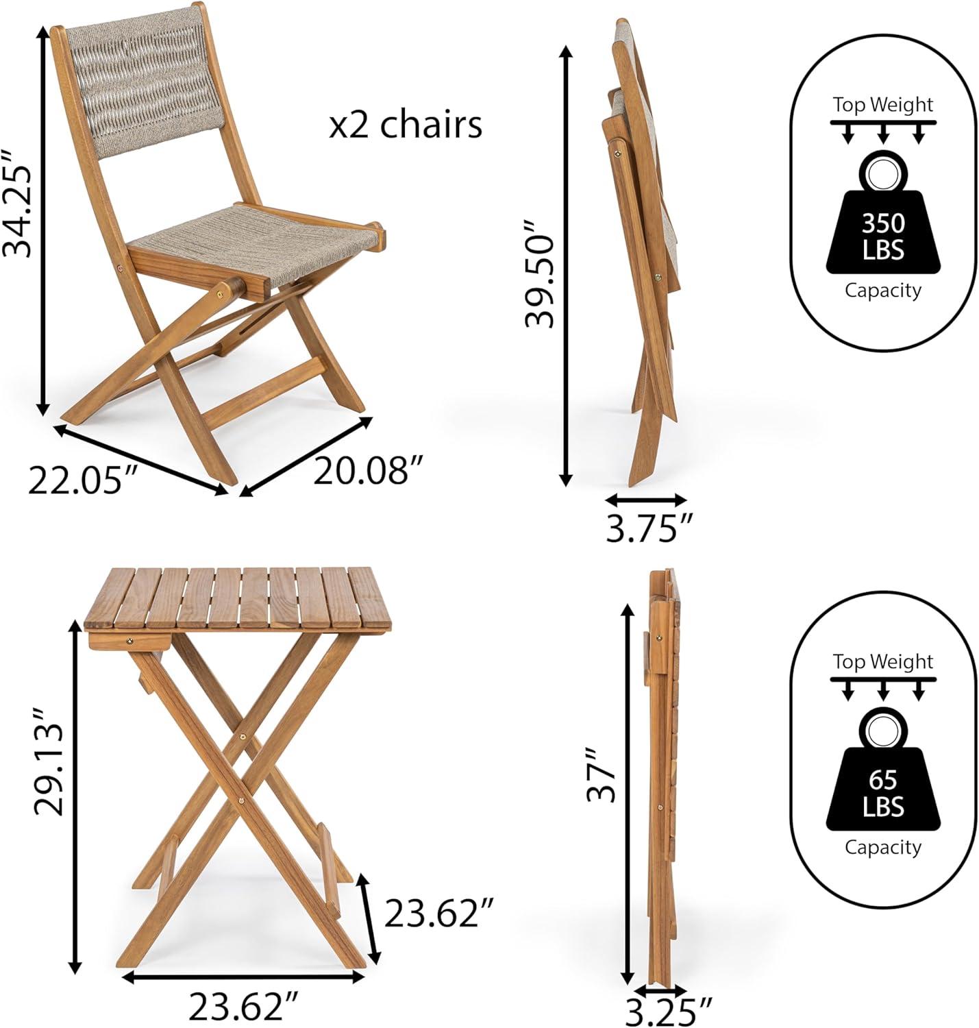 Javea Modern Coastal 3-Piece Acacia Wood Outdoor Folding Bistro Set, Beige/Teak Brown - JONATHAN Y