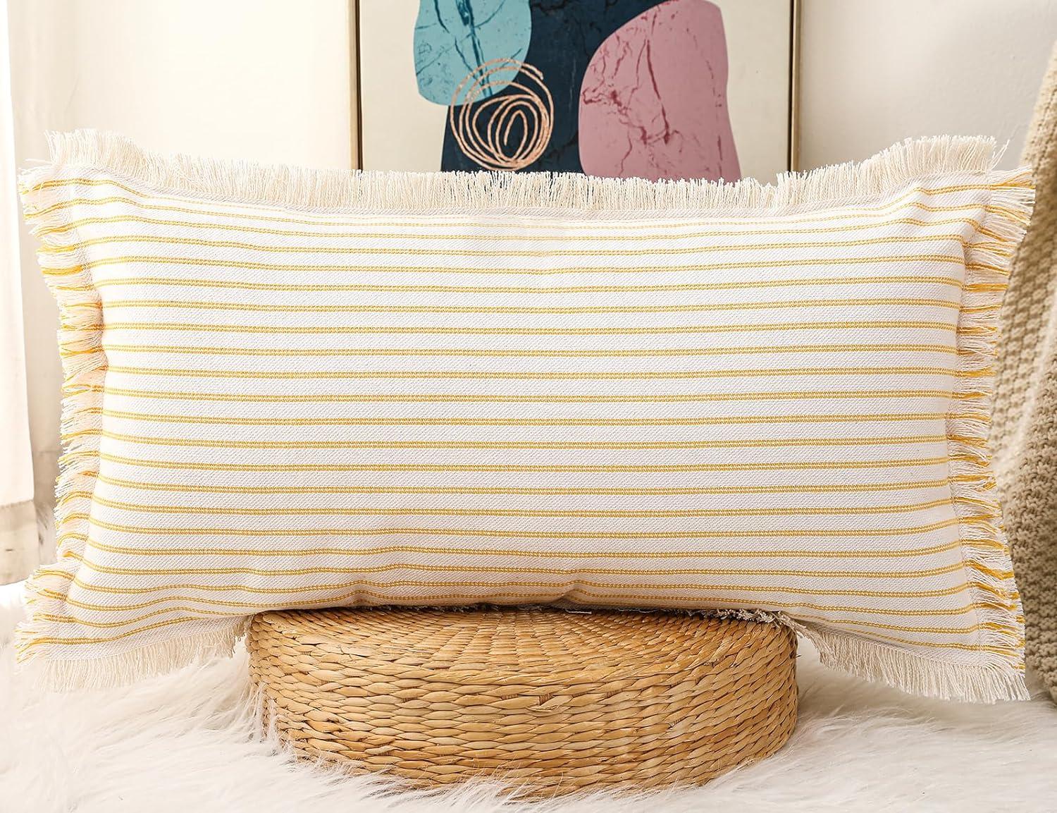 PANOD Decorative Boho Long Lumbar Pillow Cover 14x22,Super Soft Cotton Modern Long Rectangle Pillow Cover Pillow Case for Bed Sofa Couch Farmhouse Livingroom,Yellow