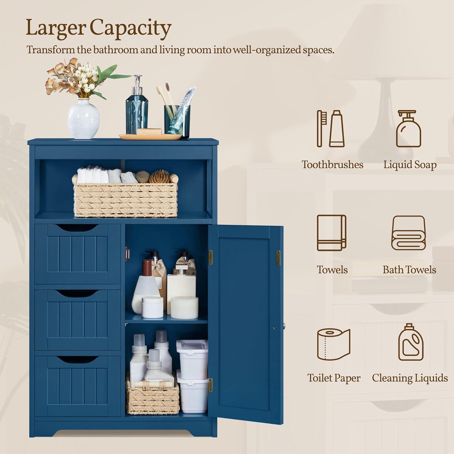 Topeakmart Wood Bathroom Floor Cabinet, Free Standing Storage Cabinet with 3 Drawers and Cupboard for Hallway/Entryway/Living Room Accent Furniture, Navy Blue