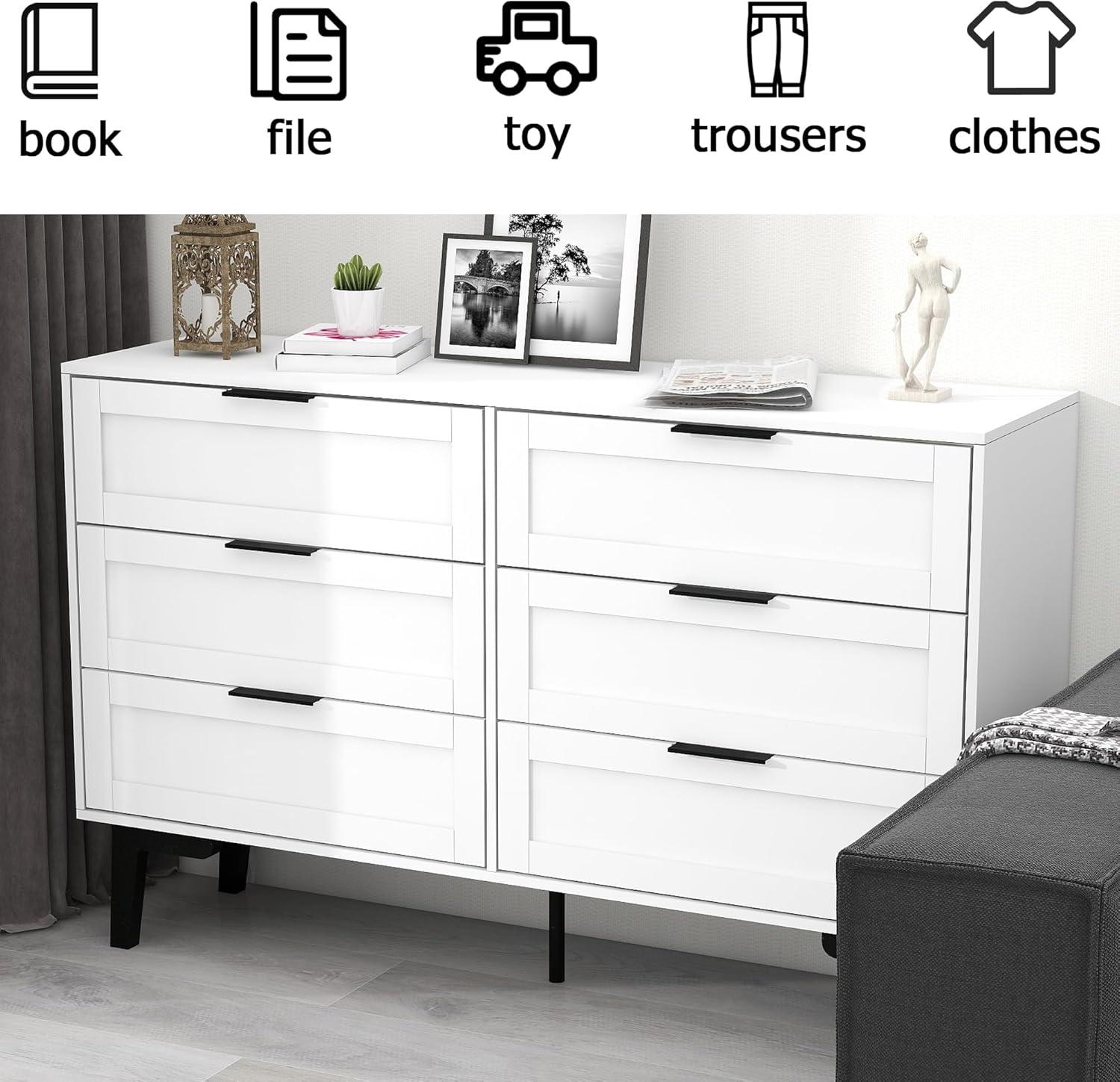 Topcobe 6-Drawer Wide Chest of Drawers, Storage Drawer Organizer, Traditional Bedroom Dresser, Sideboard Buffet for Living Room, White