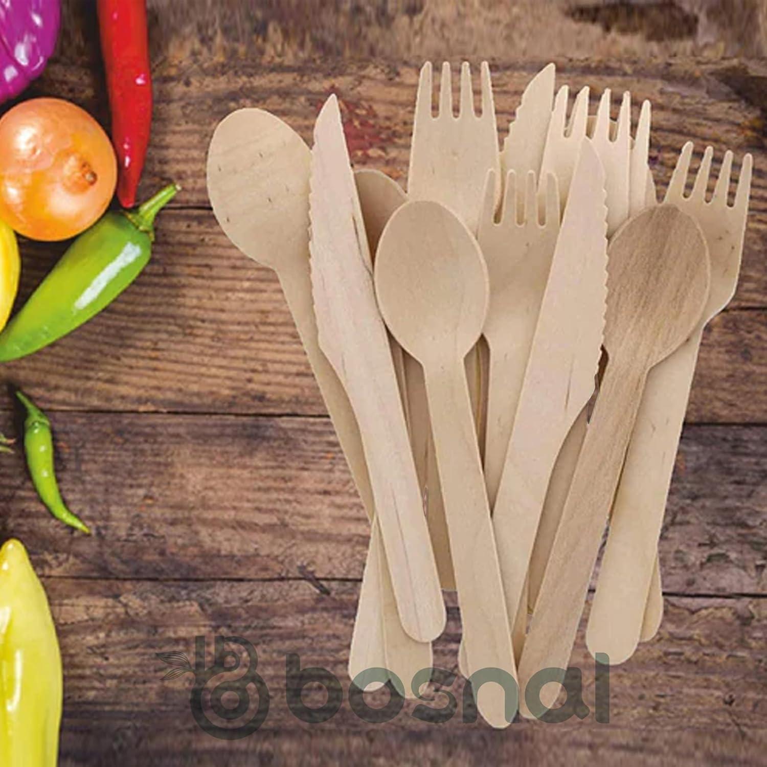 Bosnal Wooden Disposable Forks Knives and Spoons Cutlery Set, 100 Pcs