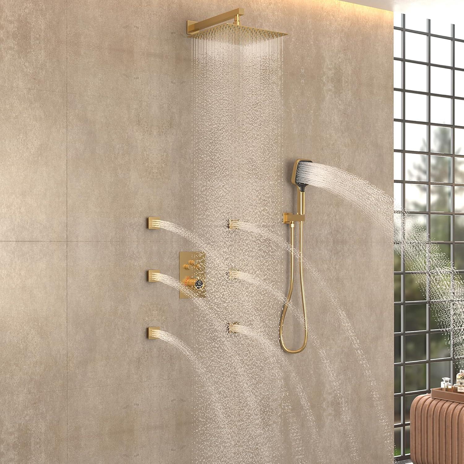 Revitalize 3-Function 12 Inch Wall Mount Rainfall Thermostatic Shower System with 6 Body Jets