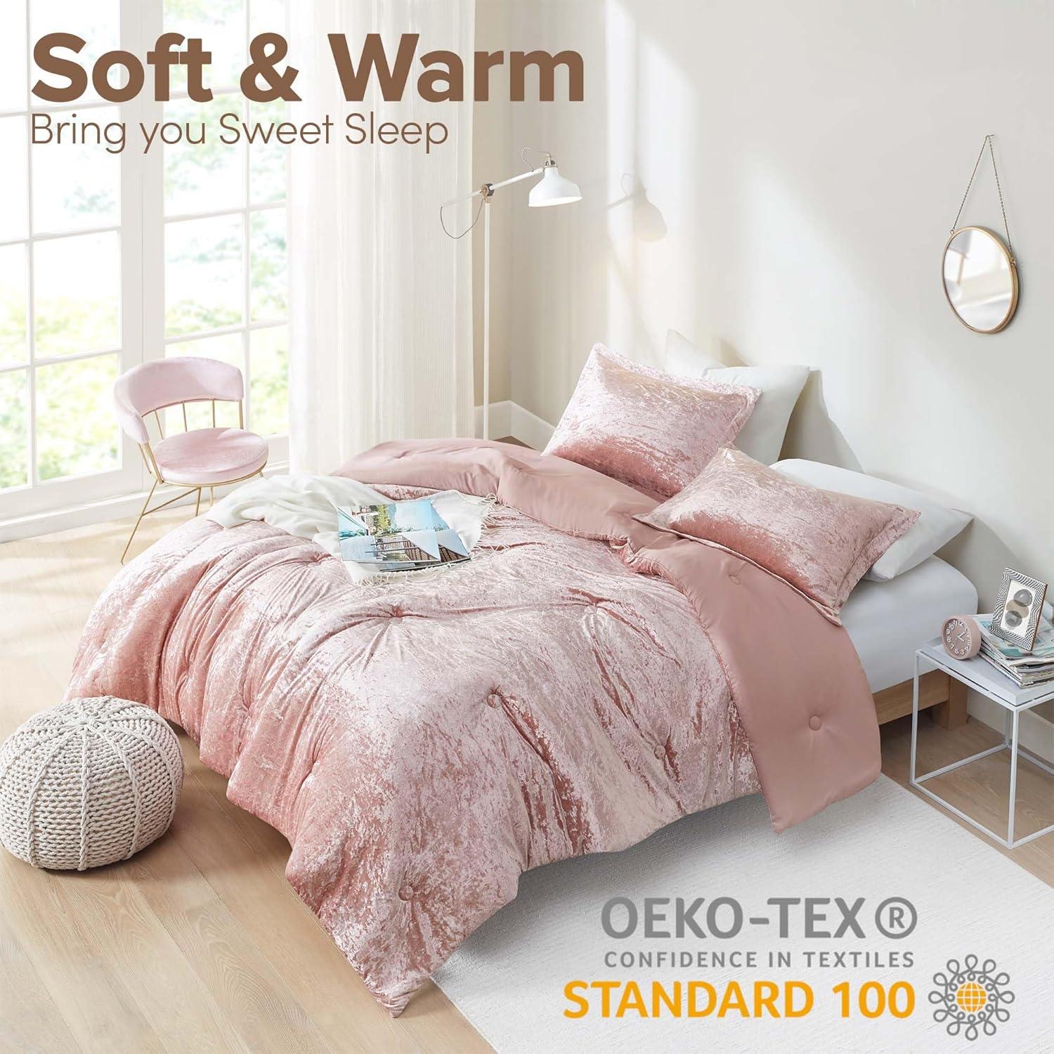 Comfort Spaces Full/Queen Cozy Velvet Comforter Sets 3-Piece Luxe All Season Down Alternative Bedding Set Blush Pink