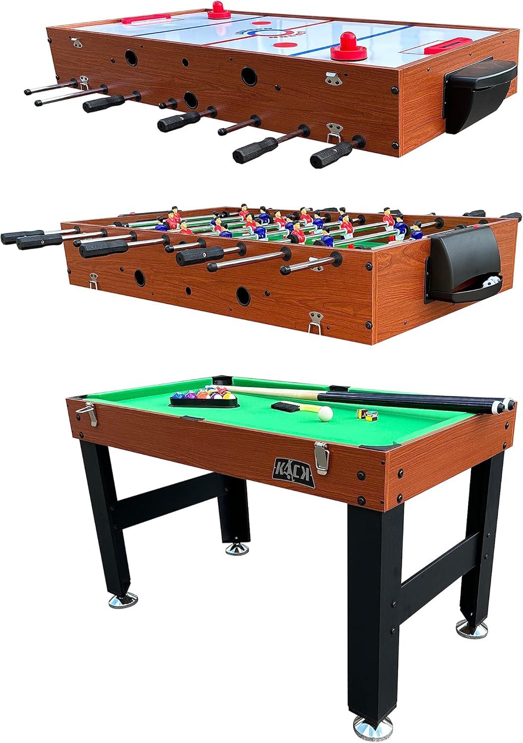 KICK Trio 48″ 3-in-1 Multi Game Table (Brown) - Game Table Set - Billiards, Air-Hockey, and Foosball