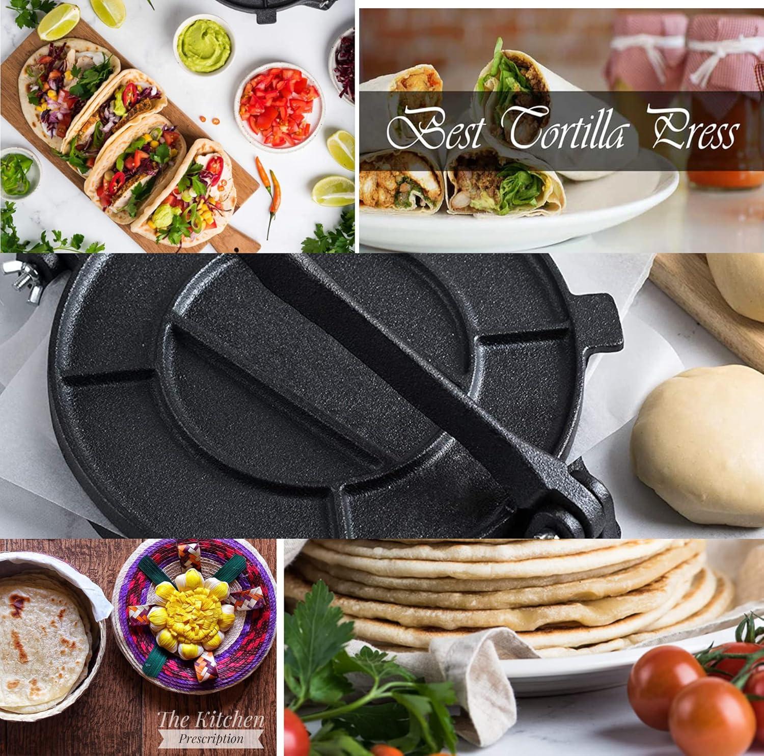 Cast Iron Tortilla Press, Heavy Duty Tortilla Maker, 10-inch Flour Tortilla Press with Foldable Handle,Taco press with Some Parchment Paper,10 Inch, Black