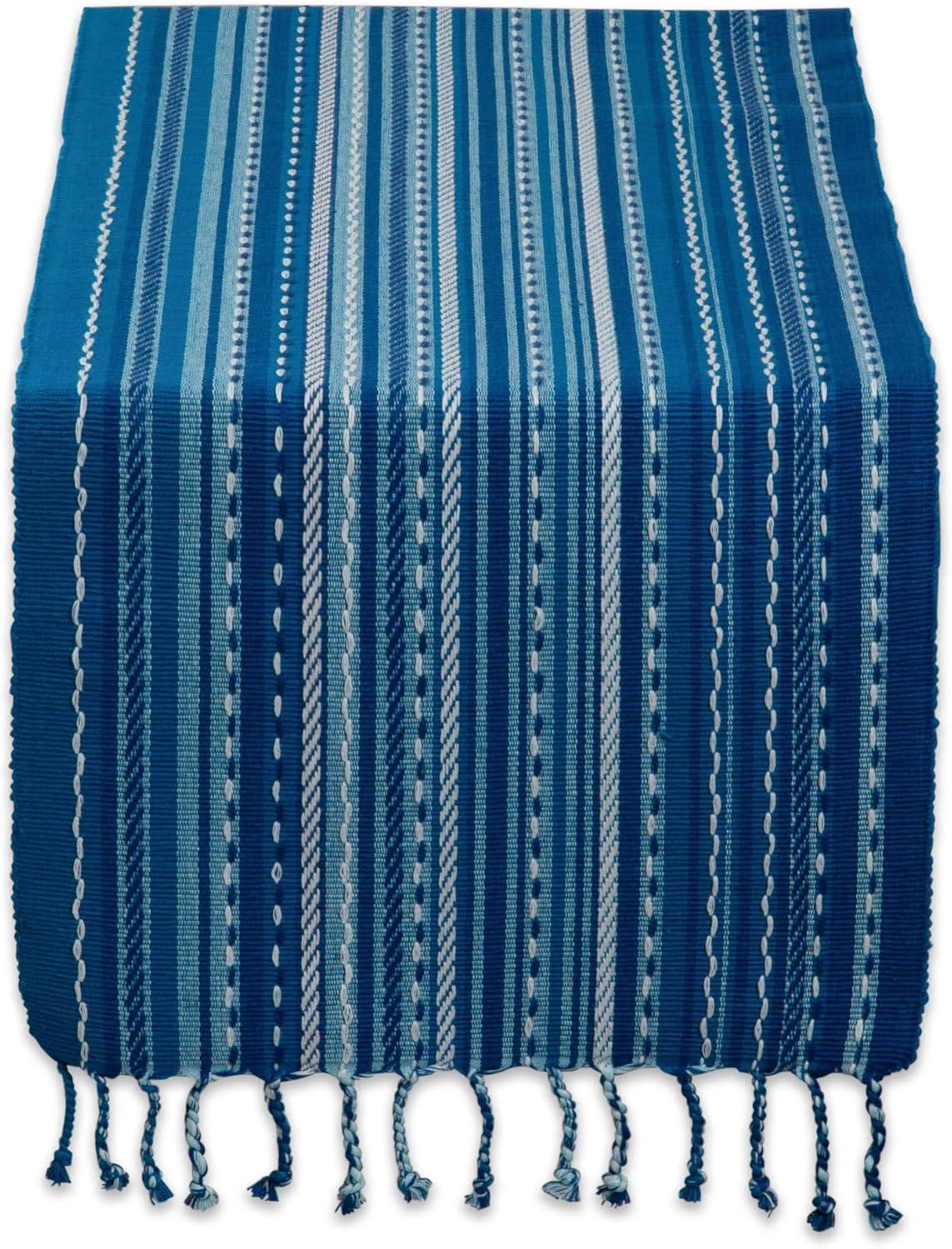 Blue Tonal Stripe Cotton Table Runner with Fringe, 14x72