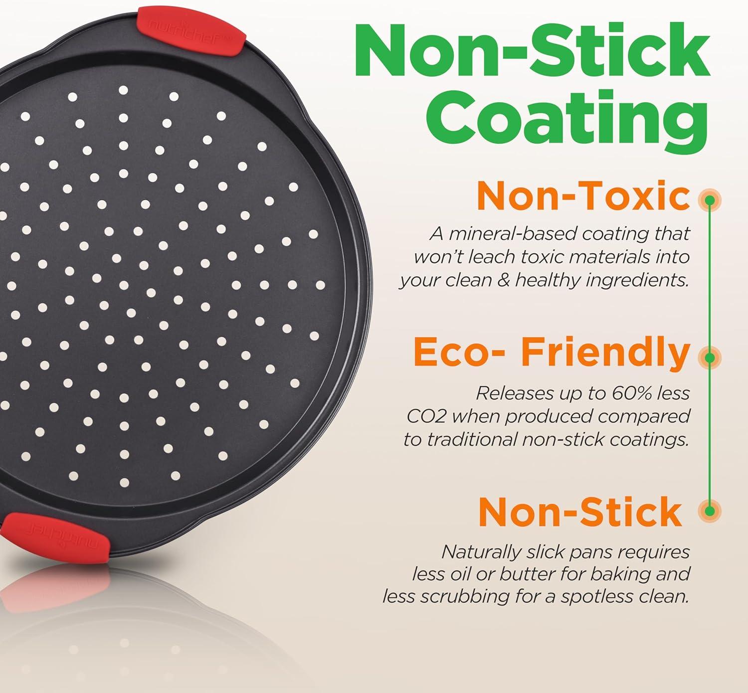 NutriChef Non-Stick Pizza Tray - with Silicone Handle, Round Steel Non-stick Pan with Perforated Holes, Premium Bakeware, Pizza Tray