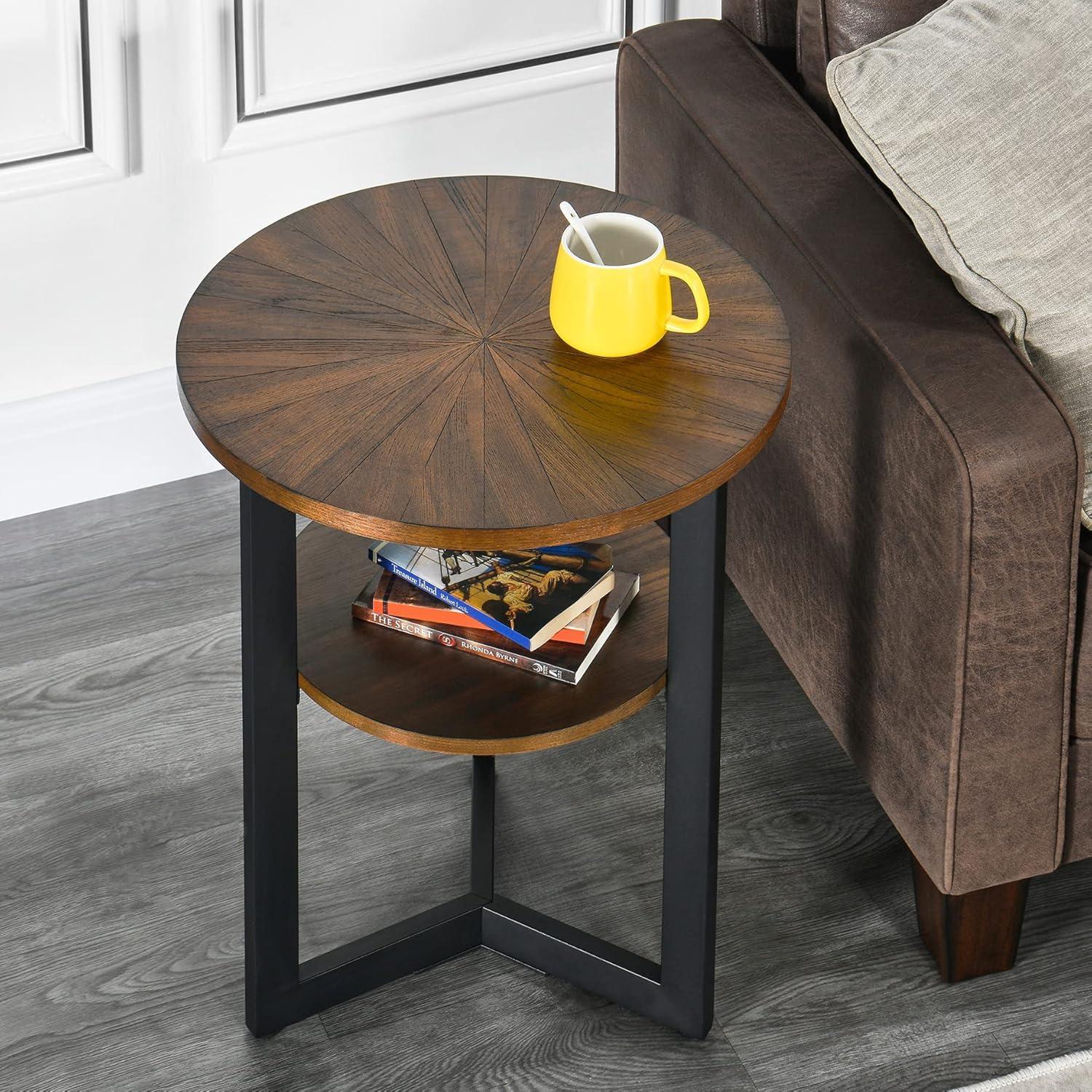 Small Round End Table with Storage Shelf, Circular Solid Wood Sofa Side Metal Leg, 2-Tier Telephone Table, Nightstand, 24''H x 19.3''D for Living Room Bedroom Entryway Rustic Brown BZ1338NC