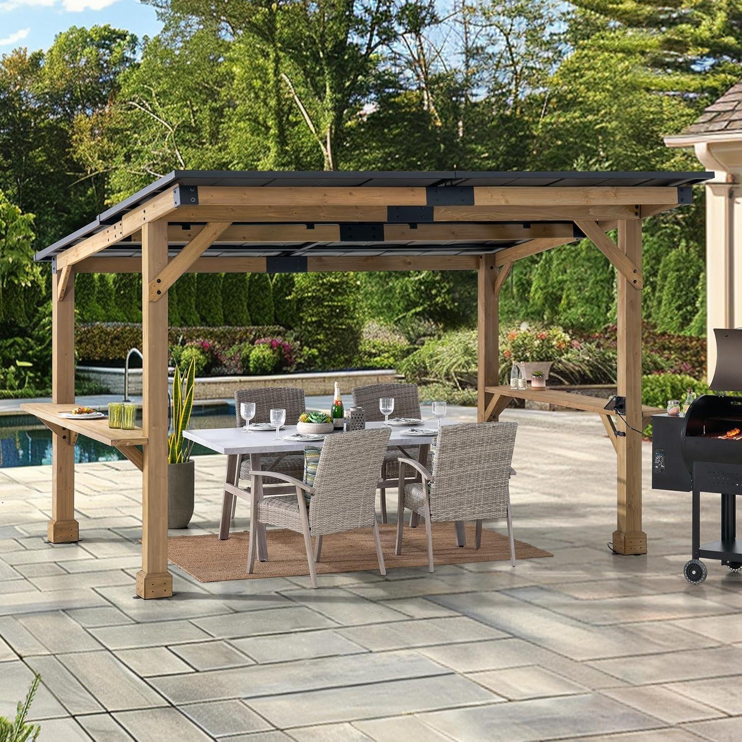 Sunjoy Wooden Grill Gazebo 10 ft. x 12 ft. Outdoor Cedar Frame BBQ Gazebo, Backyard Hot Tub Gazebo with Metal Hardtop Roof, Exclusive PowerPort and Bar Shelves