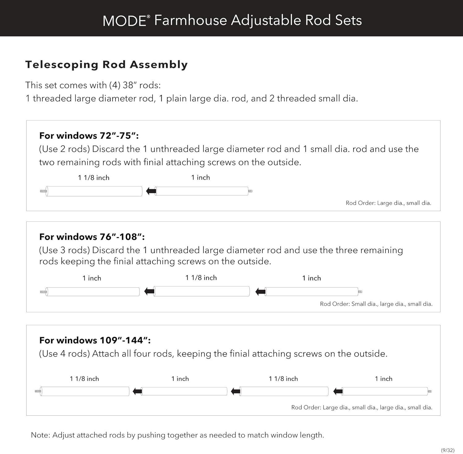 Mode Farmhouse Collection 1 1/8 in Diameter Curtain Rod Set with Cottage Square Finials and Steel Wall Mounted Adjustable Rod