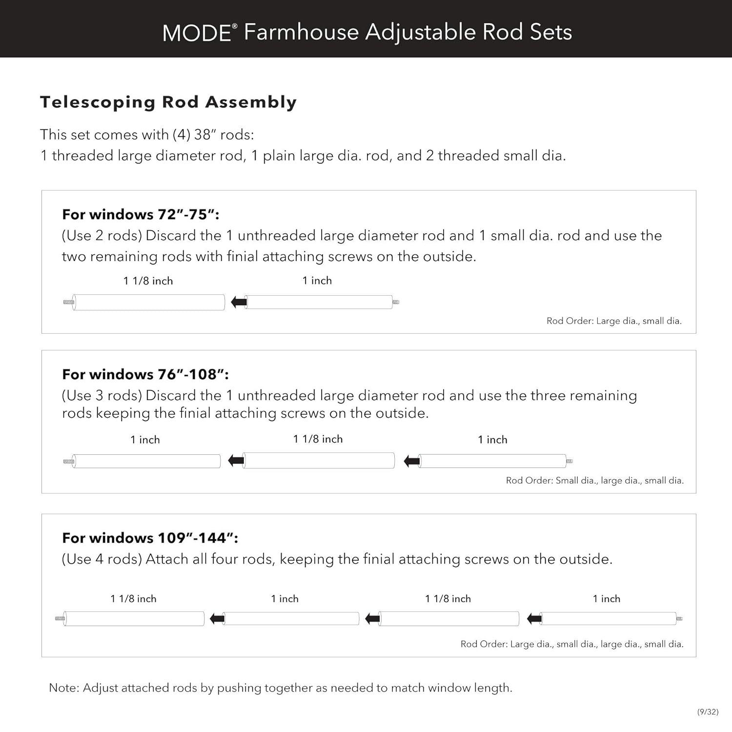Mode Farmhouse Collection 1 1/8 in Diameter Curtain Rod Set with Cottage Square Finials and Steel Wall Mounted Adjustable Rod