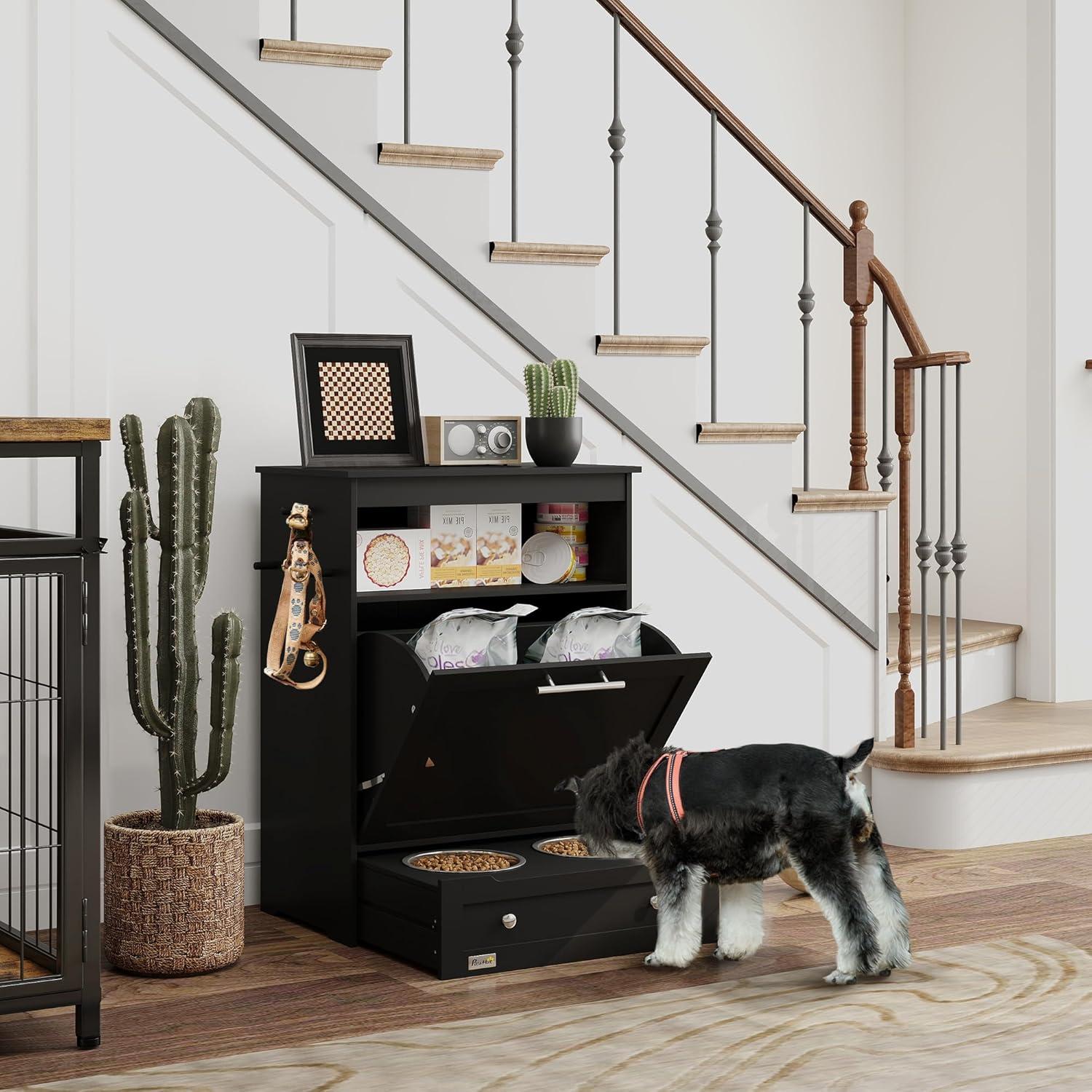 Black Elevated Pet Feeder Station with Storage Cabinet