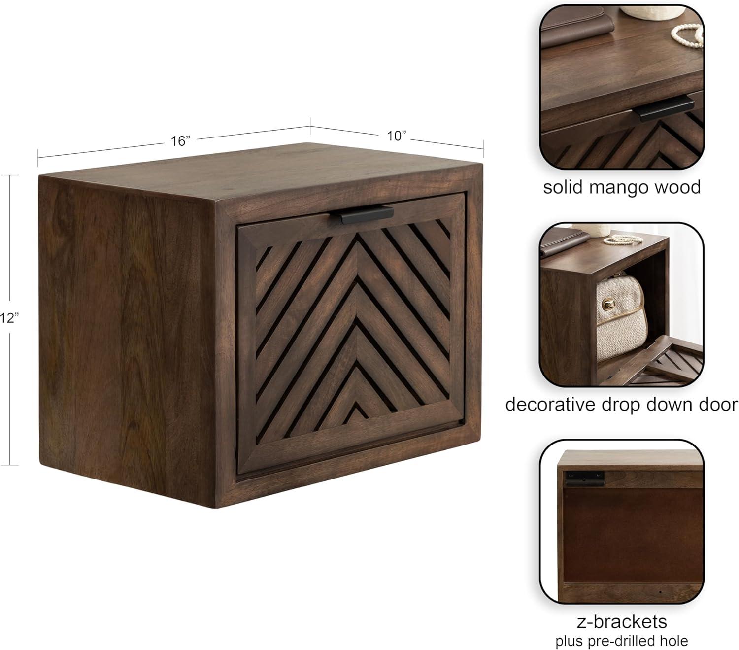 Kate and Laurel Mezzeta Modern Floating Shelf Side Table with Storage Cubby, 16 x 10 x 12, Natural Wood, Decorative Slatted Wood Floating Nightstand with Pull Down Door for Use as Bathroom Storage