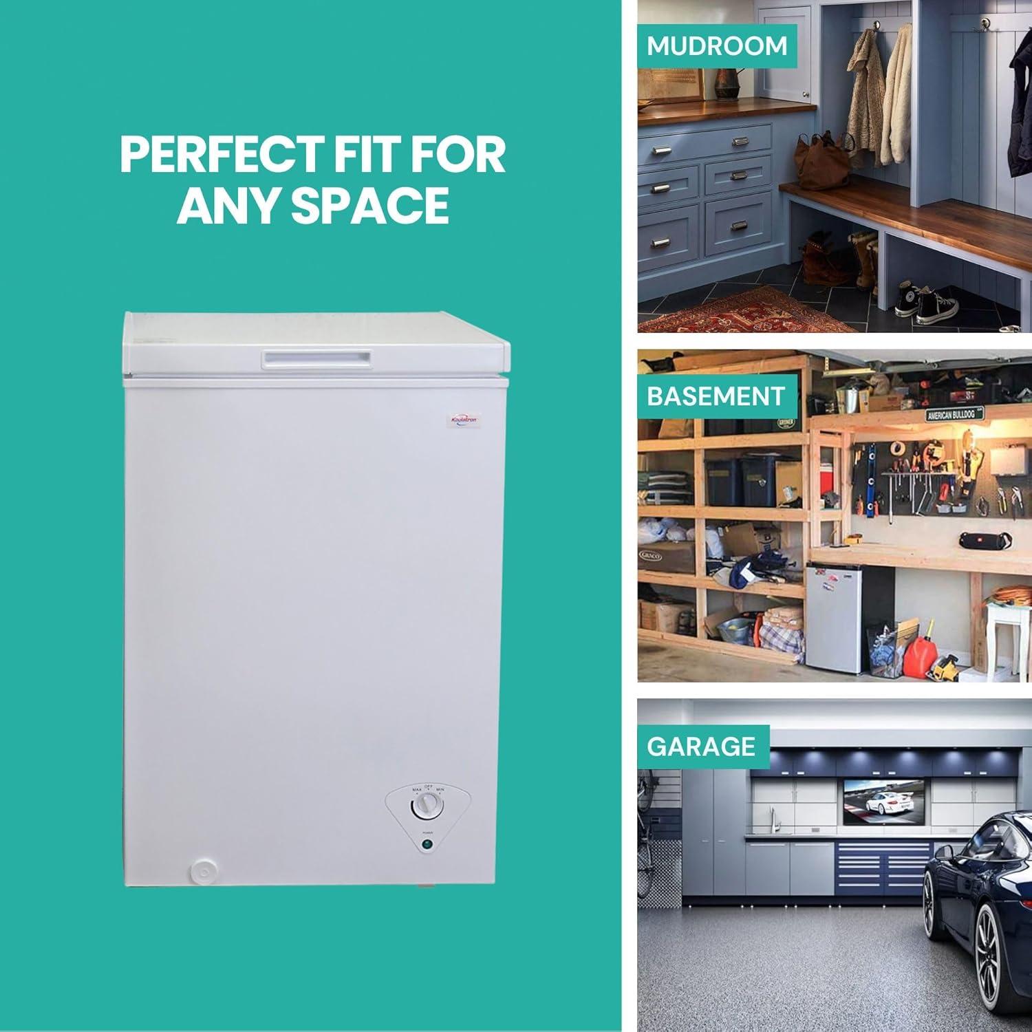 Koolatron 3.5 cu ft Compact Chest Freezer 99L White Manual Defrost Deep Freeze Storage Basket Space-Saving Flat Back