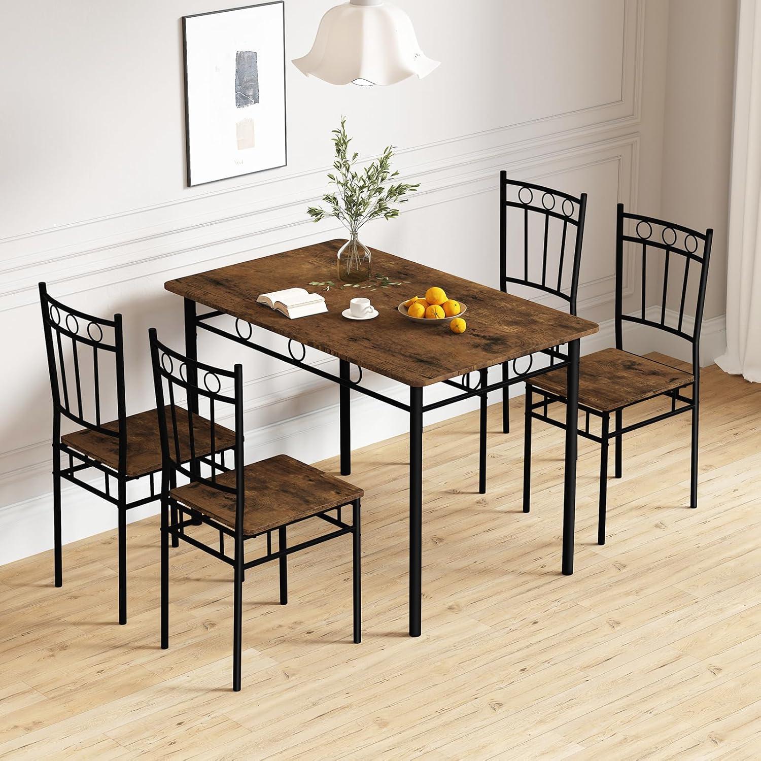 Dining Table Set for 4, 5-Piece Kitchen Table and Chairs, Rectangular Dining Room Table Set with 4 Chairs, Space-Saving Kitchen Table Set for Small Space,Dinette,Apartment,Retro Brown