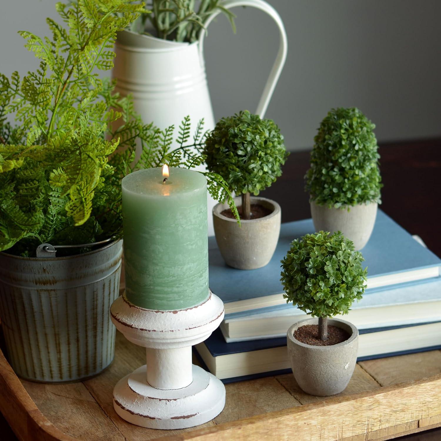 Realistic Faux Boxwood Sculptural Topiary, Set of 3, Curly Leaf, Cone and Ball Tops, Gray Stone Pot, Each 5 1/2 Inches Tall, Mixed Materials