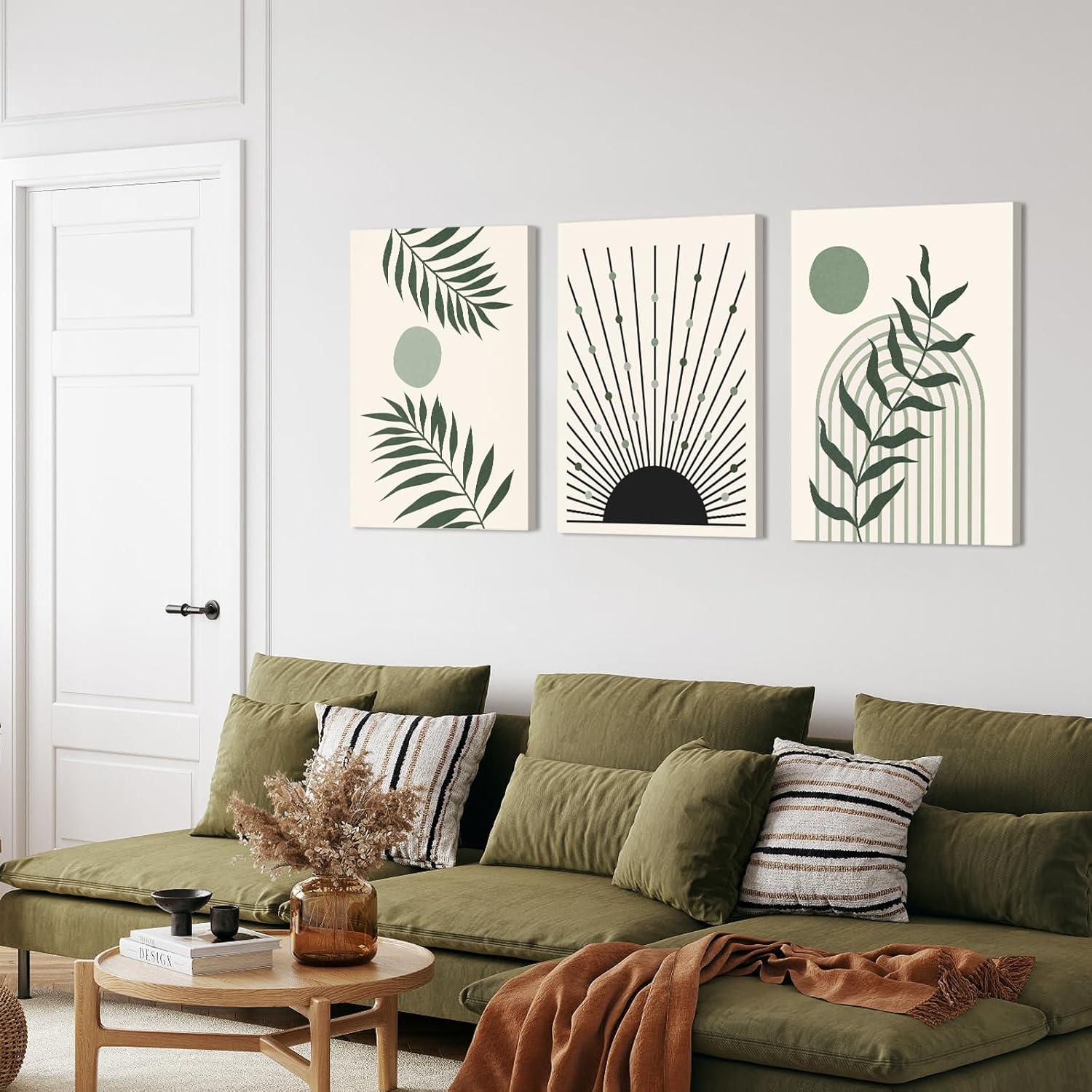 Boho Wall Art, Mid Century Modern Wall Art, Set of 3 Framed Canvas Wall Art Prints 12"x16" Abstract Geometric Neutral Sage Green Boho Artwork Wall Decor for Bedroom Living Room Bathroom