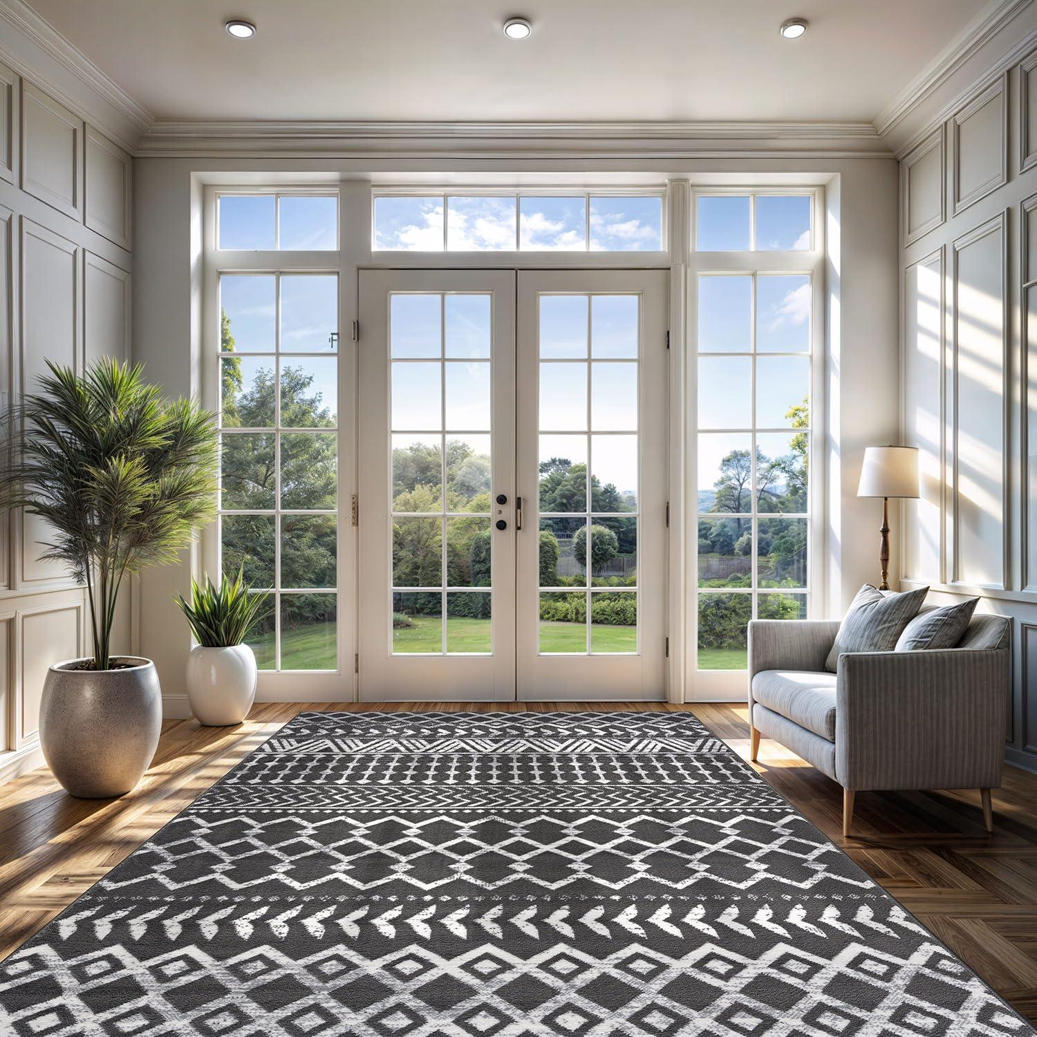 CAMILSON Boho Moroccan Dark Gray Rug Geometric Diamond 8x10 Area Rugs for Living Room Bedroom Kitchen Modern Bohemian Soft Stain Resistant Non-Shedding Indoor Carpet (8 x 10 Dark Grey and Cream)