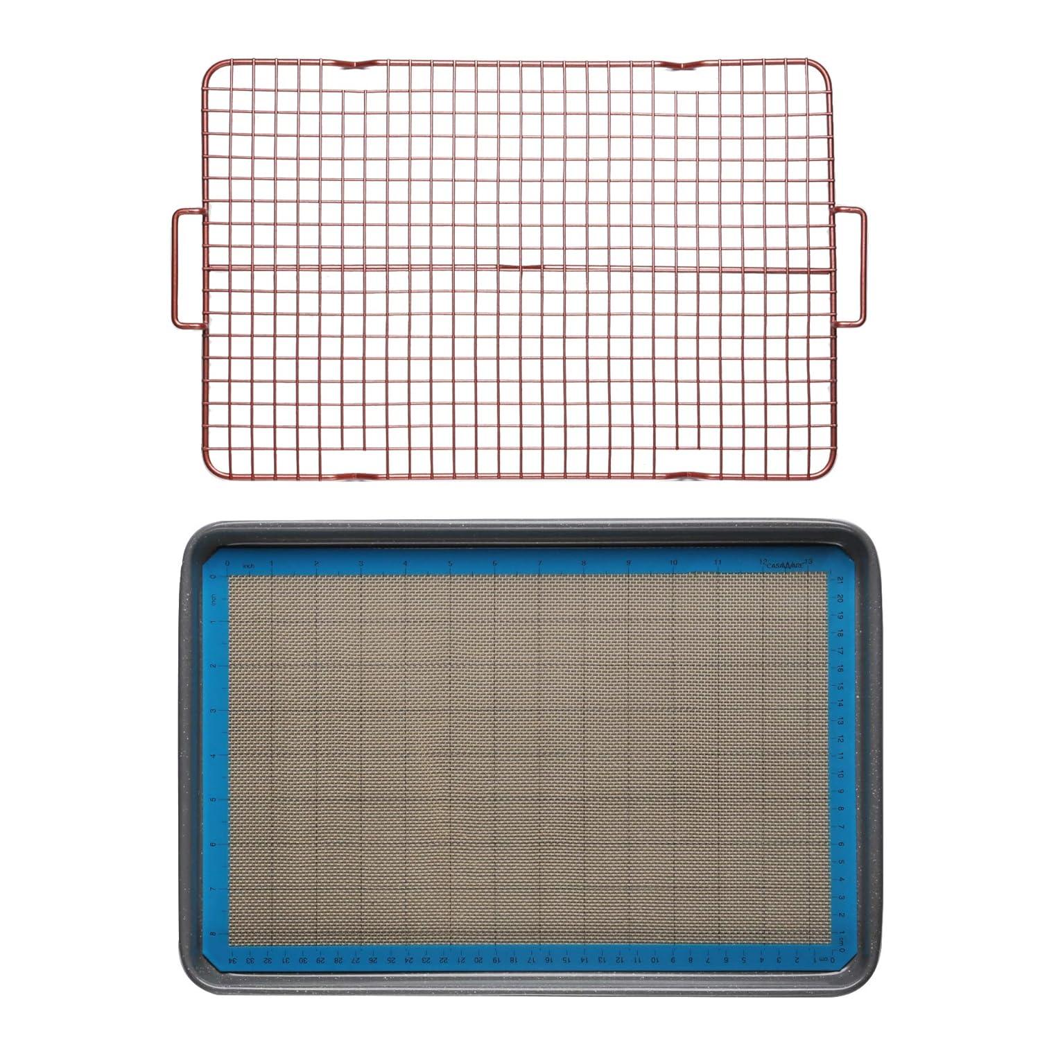 Silver Granite Non-Stick Cookie Sheet Set with Cooling Grid and Silicone Mat