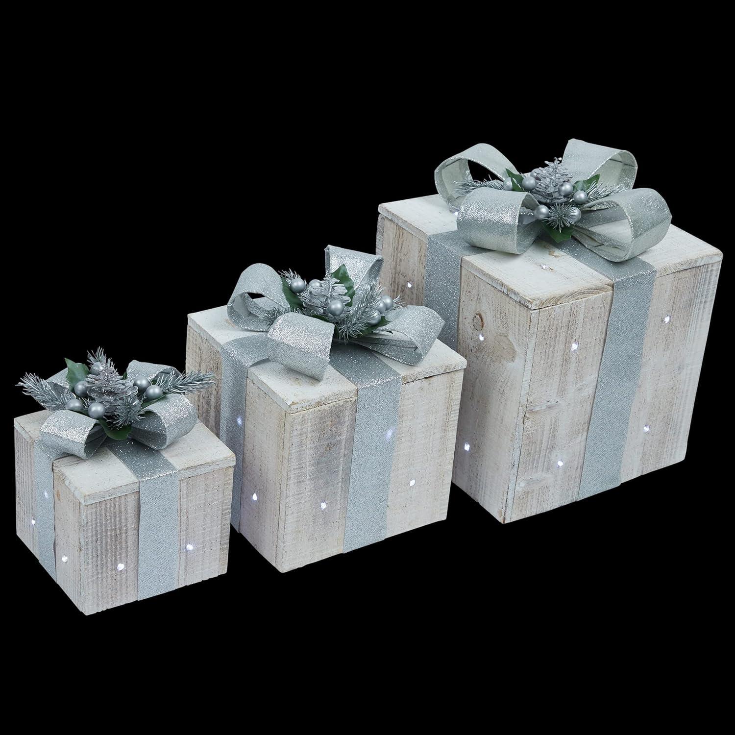 Alpine Corporation Set of 3 Assorted Size Wooden Light-Up Holiday Gift Boxes Decor, Silver