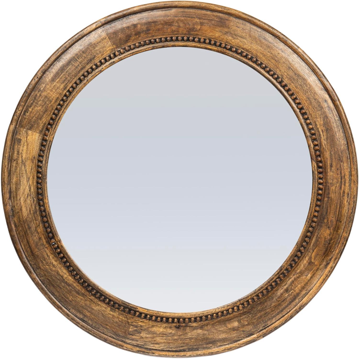 Storied Home Round Carved Wood Framed Wall Mirror with Hobnail Detail: No Assembly, Mango Wood