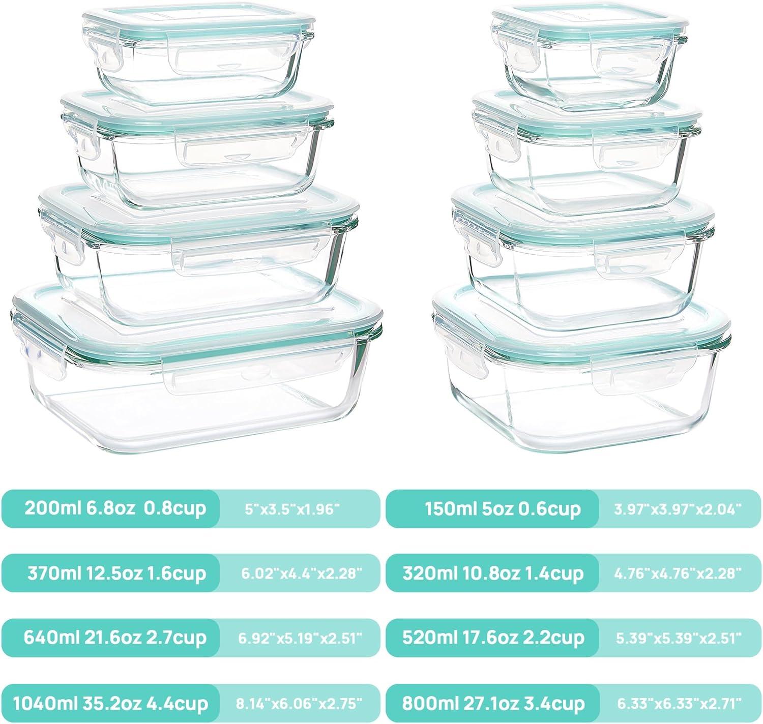 Green Glass Meal Prep Containers with Airtight Lids, Set of 8