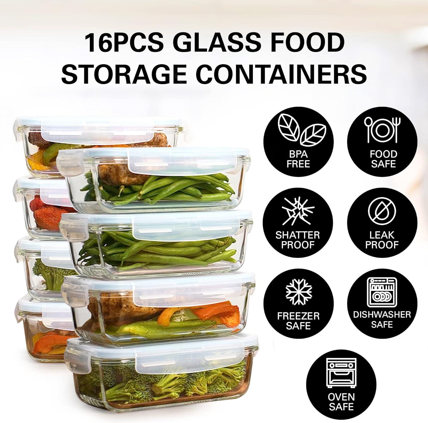 Set of 8 Rectangular Glass Meal Prep Containers with Snap Lids