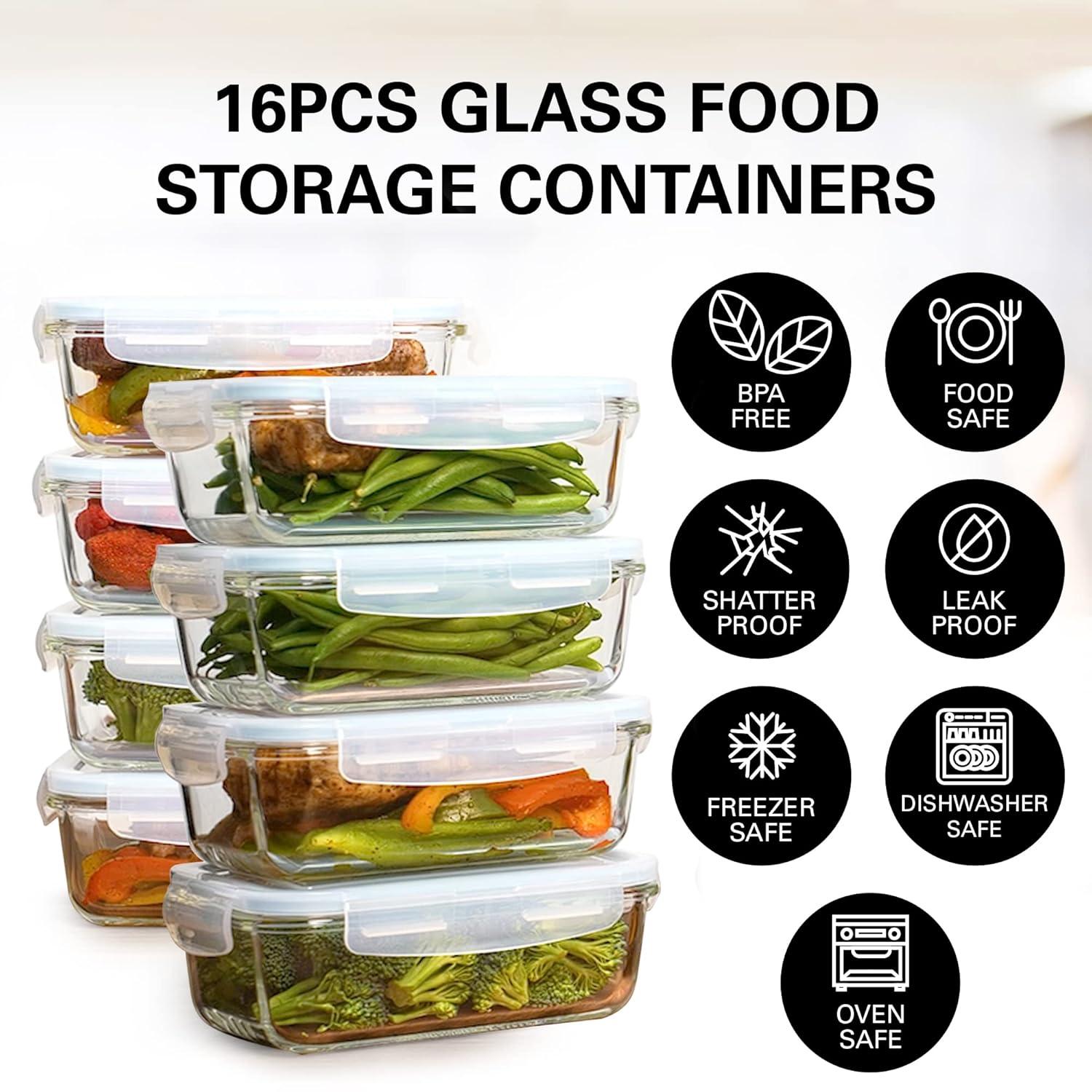 Razab Glass Food Storage Containers with Lids 30 Oz 16 Pc (Set of 8) Airtight Large Reusable Leak Proof BPA Free Food Prep Containers Freezer to Oven Safe