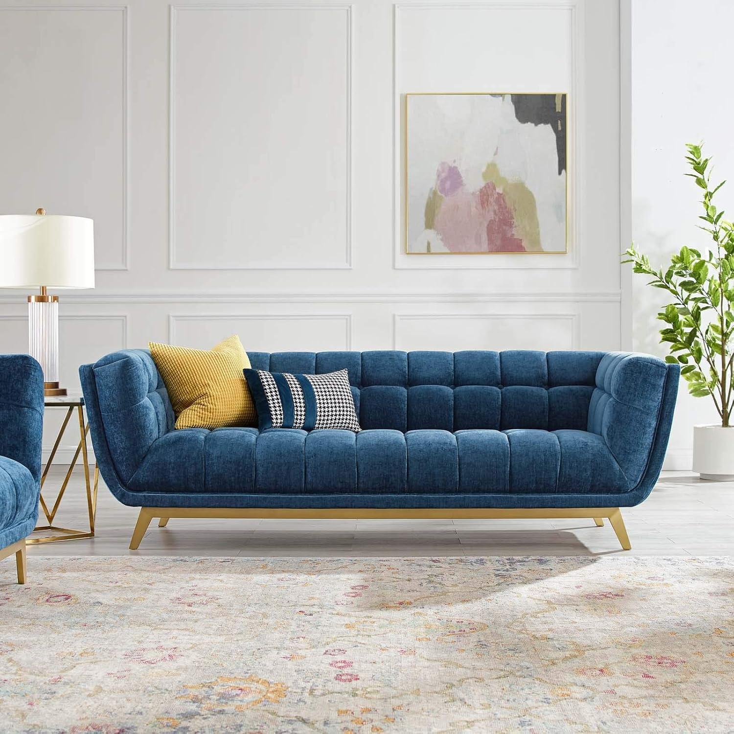 Elegant Navy Velvet Tufted Sofa with Brushed Gold Legs