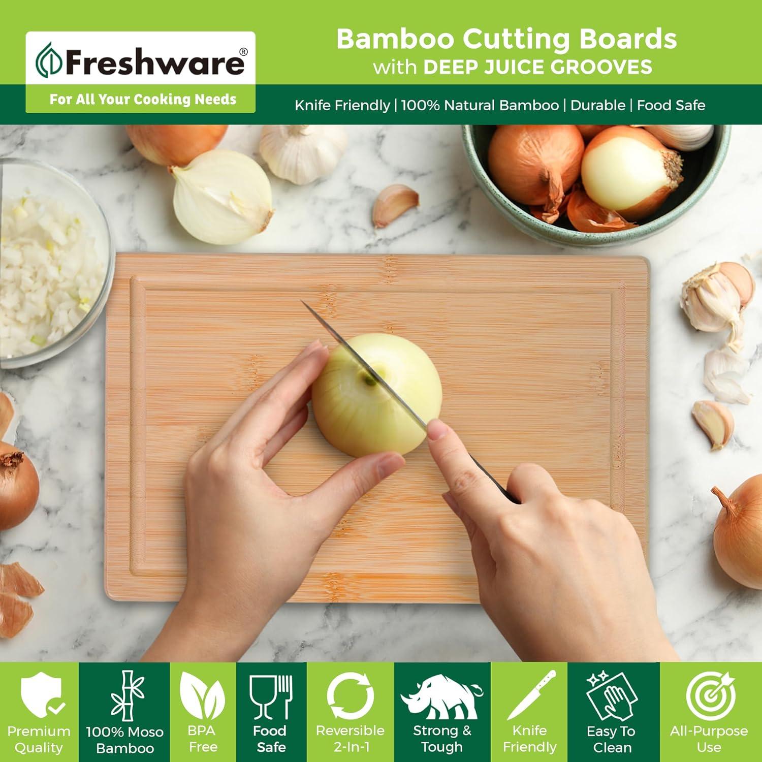 Bamboo Cutting Boards for Kitchen [Set of 3] Wood Cutting Board for Chopping Meat, Vegetables, Fruits, Cheese, Knife Friendly Serving Tray with Handles