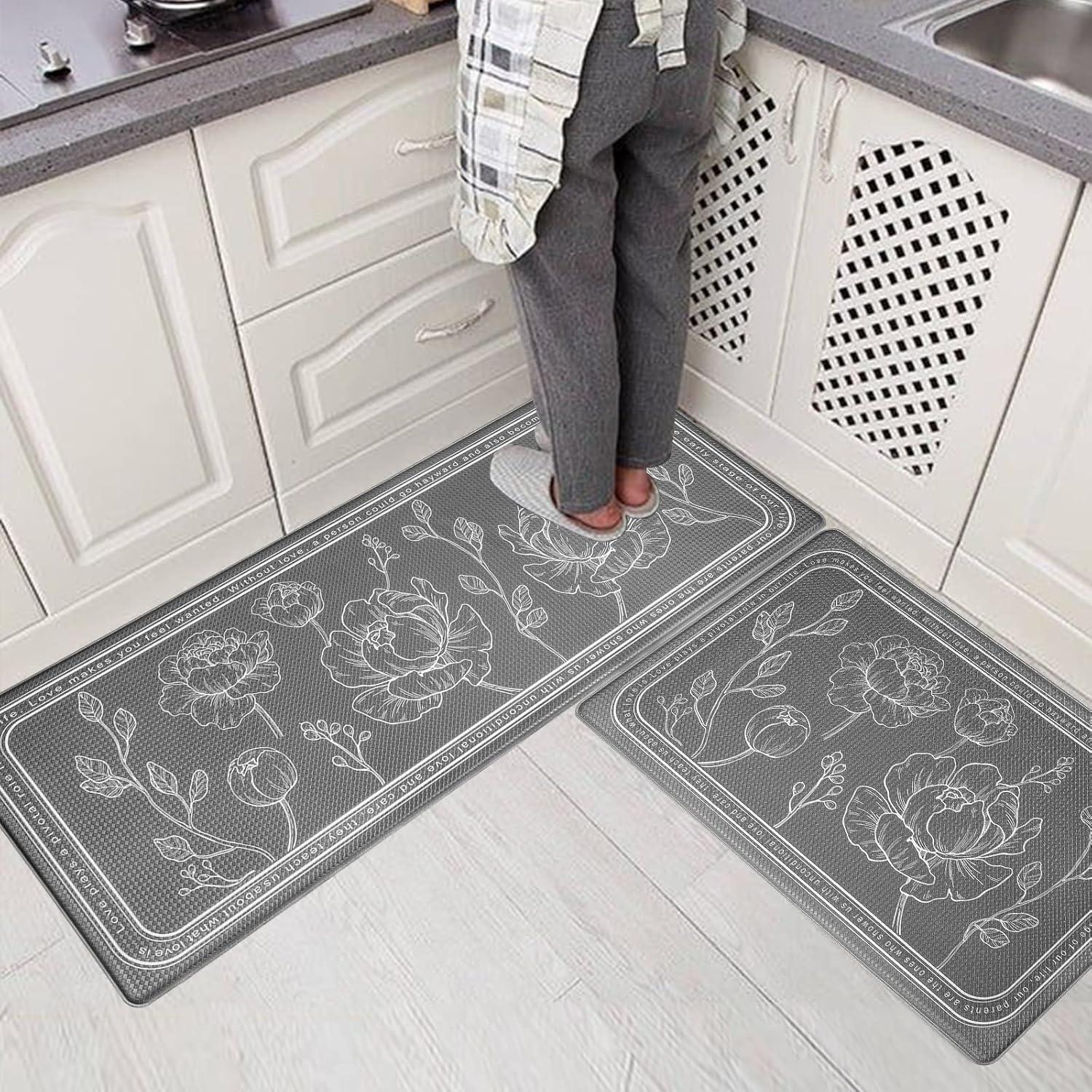 Kitchen Rug Set of 2,  Gray 17"x59"+17"x29", Non-Slip Waterproof  Kitchen Floor Mat, Cushioned Anti Fatigue Kitchen Mat