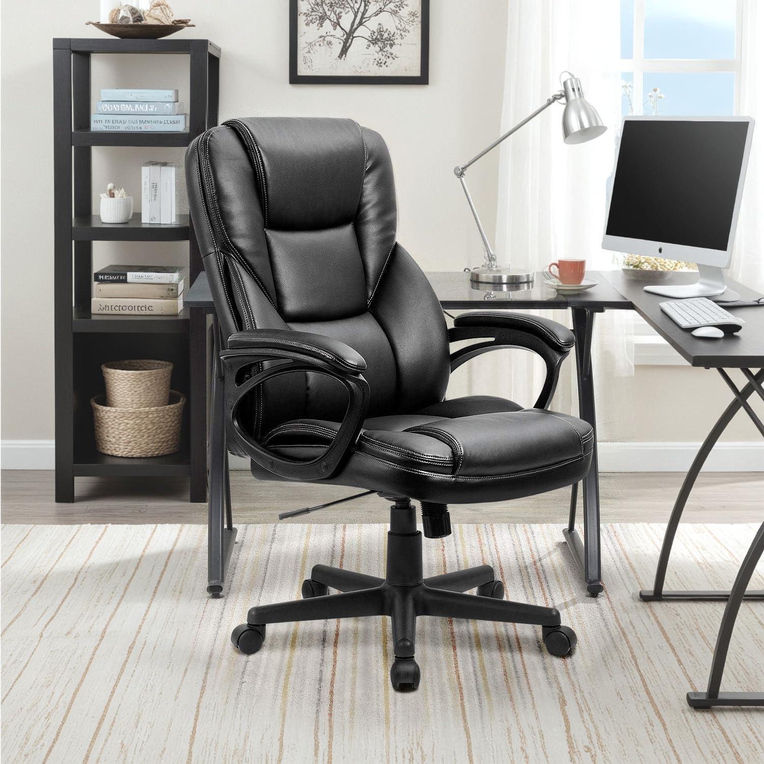 Office Executive Chair High Back Adjustable Managerial Home Desk Chair, Swivel Computer Leather Chair with Lumbar Support (Black)