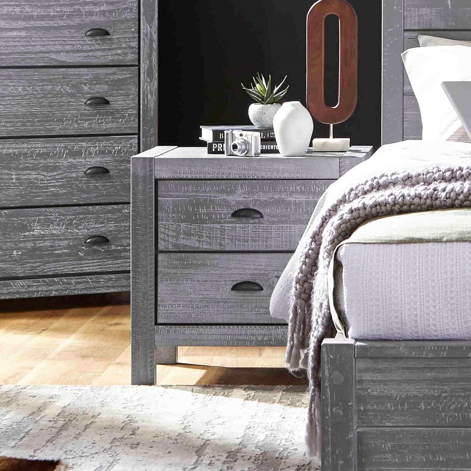 Rustic Grey Pine Wood 2-Drawer Nightstand with Black Metal Handles