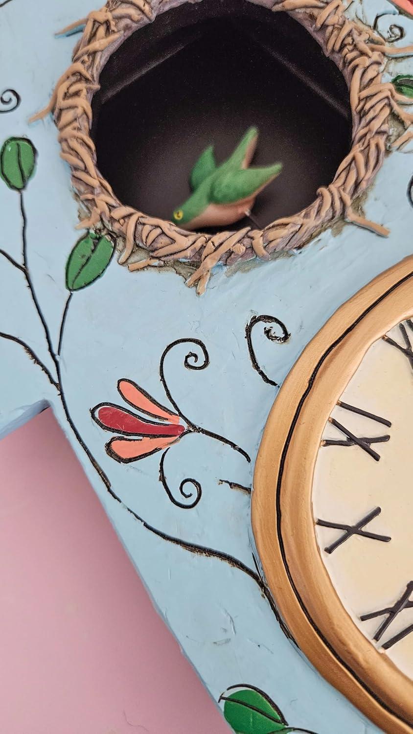 Enesco Allen Designs Birdhouse with Flowers Cuckoo Wall Clock - Battery Operated Pendulum Analog Clock, Stone Resin Decorative Clocks for Walls Home Decor Kitchen Clocks, 14.9 Inch