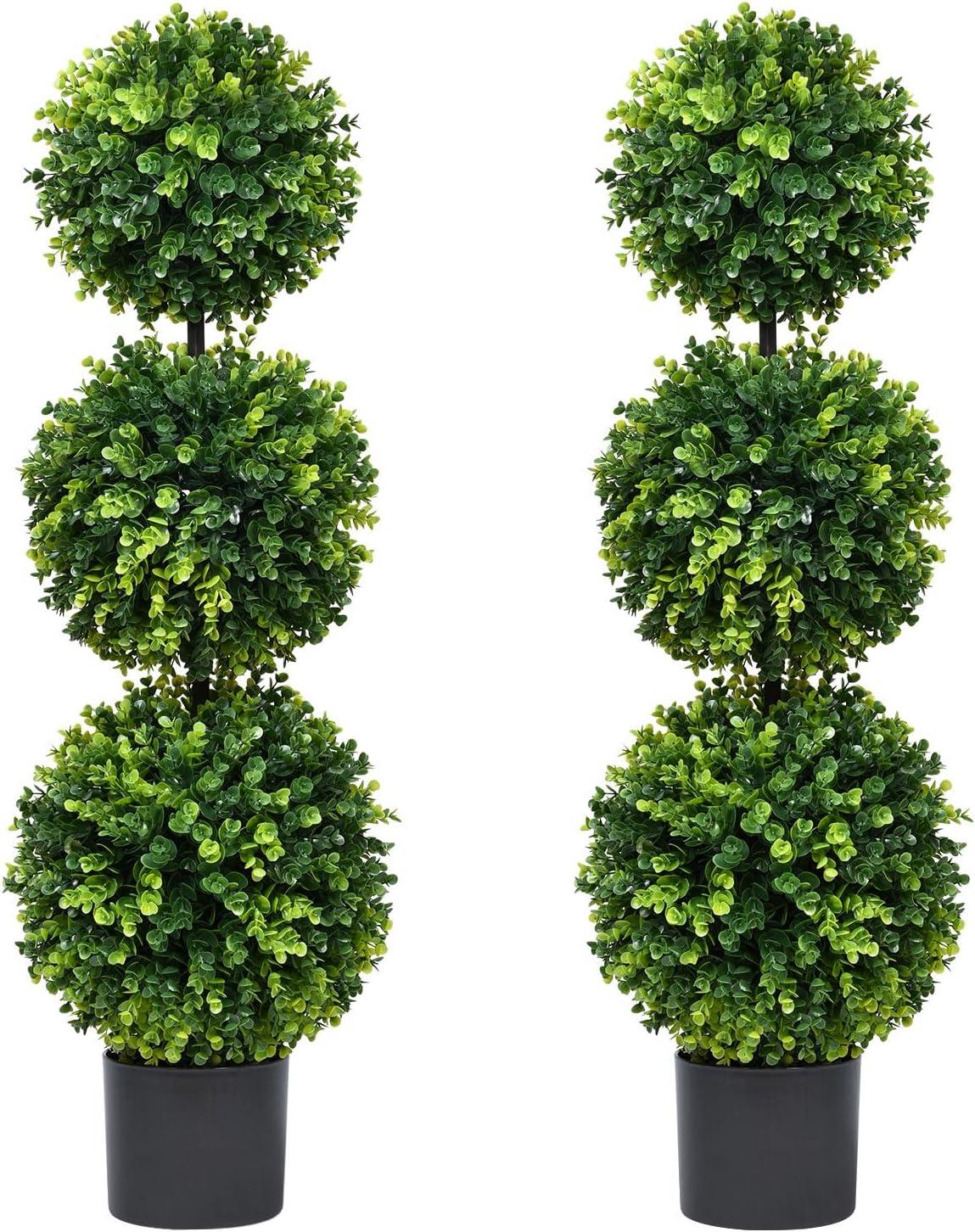 HOMCOM 2 Pack 23.5" Artificial Boxwood Topiary Ball Trees Set of 2, Double Ball-Shaped Boxwood Artificial Topiary Plants for Indoor Outdoor, Green