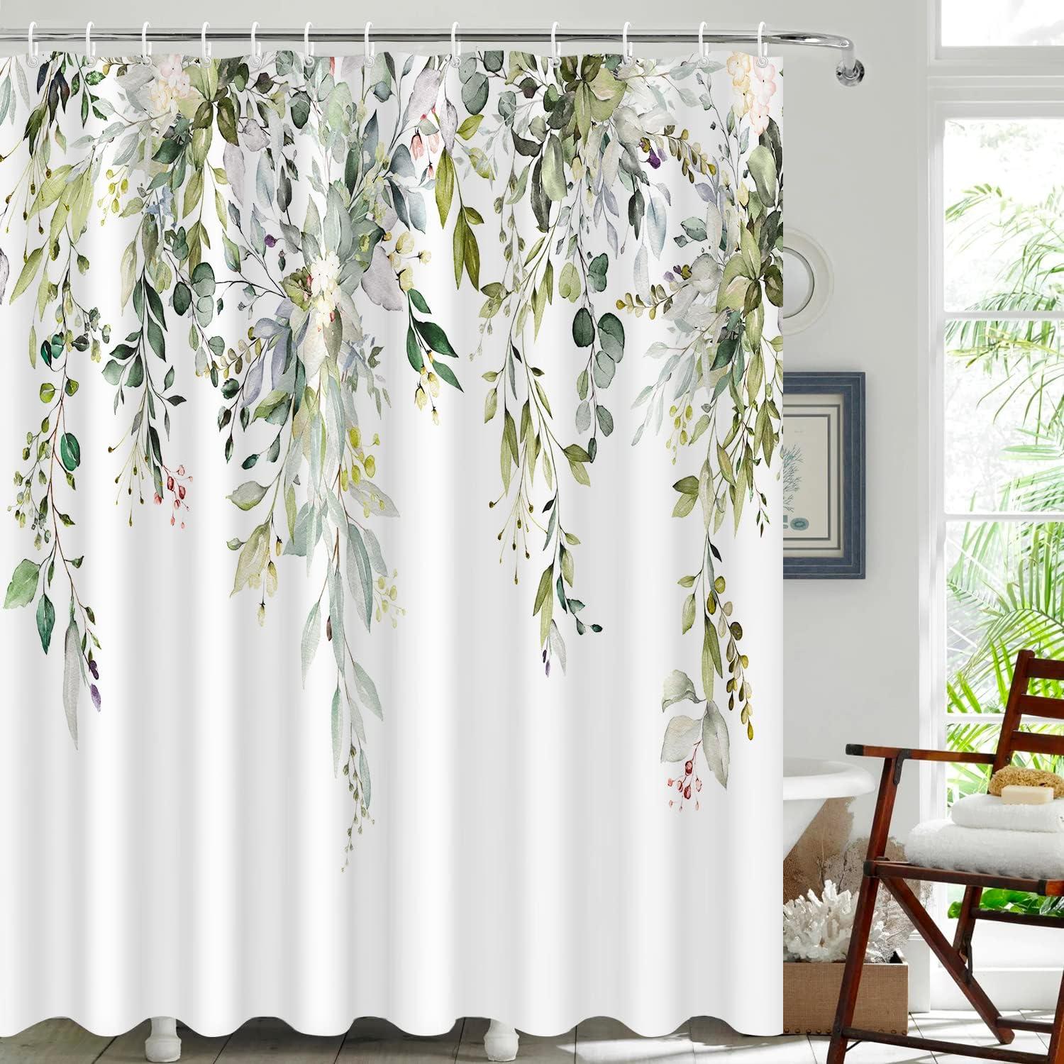 Eucalyptus Watercolor Leaves Semi-Sheer Waterproof Shower Curtain