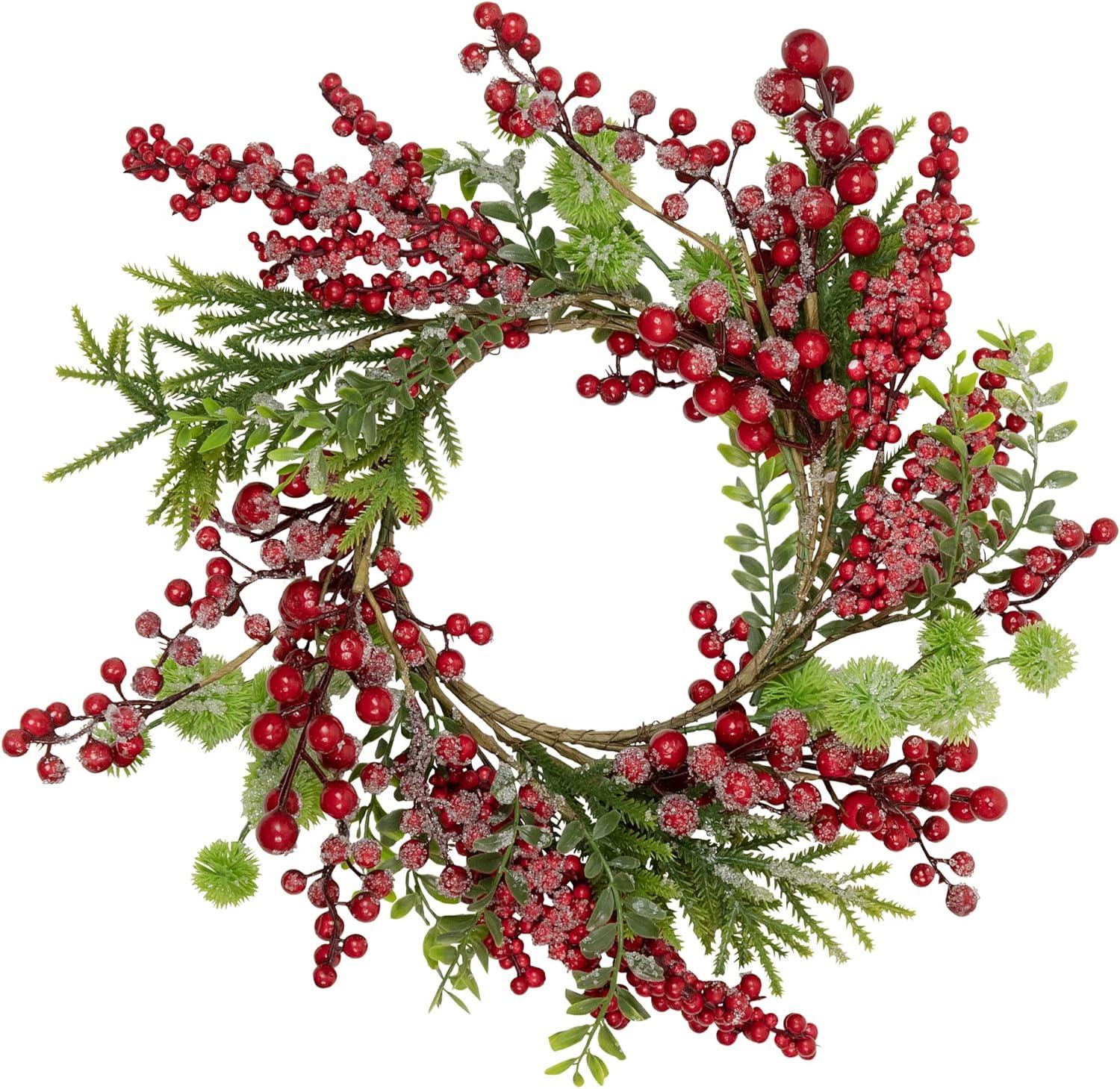 Artificial Frosted Red Berry and Pine Christmas Wreath 16-Inch Unlit