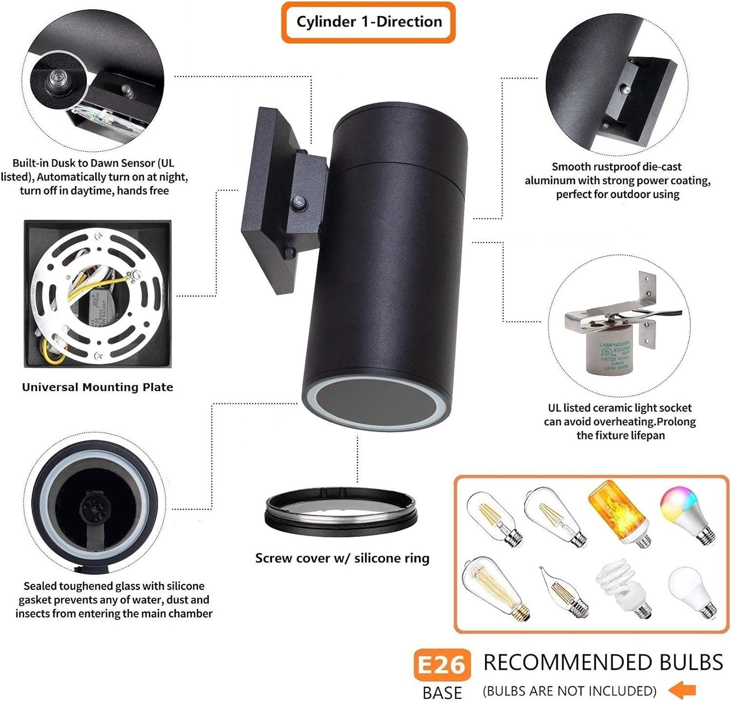 Black Aluminum Dusk to Dawn Outdoor Cylinder Wall Light