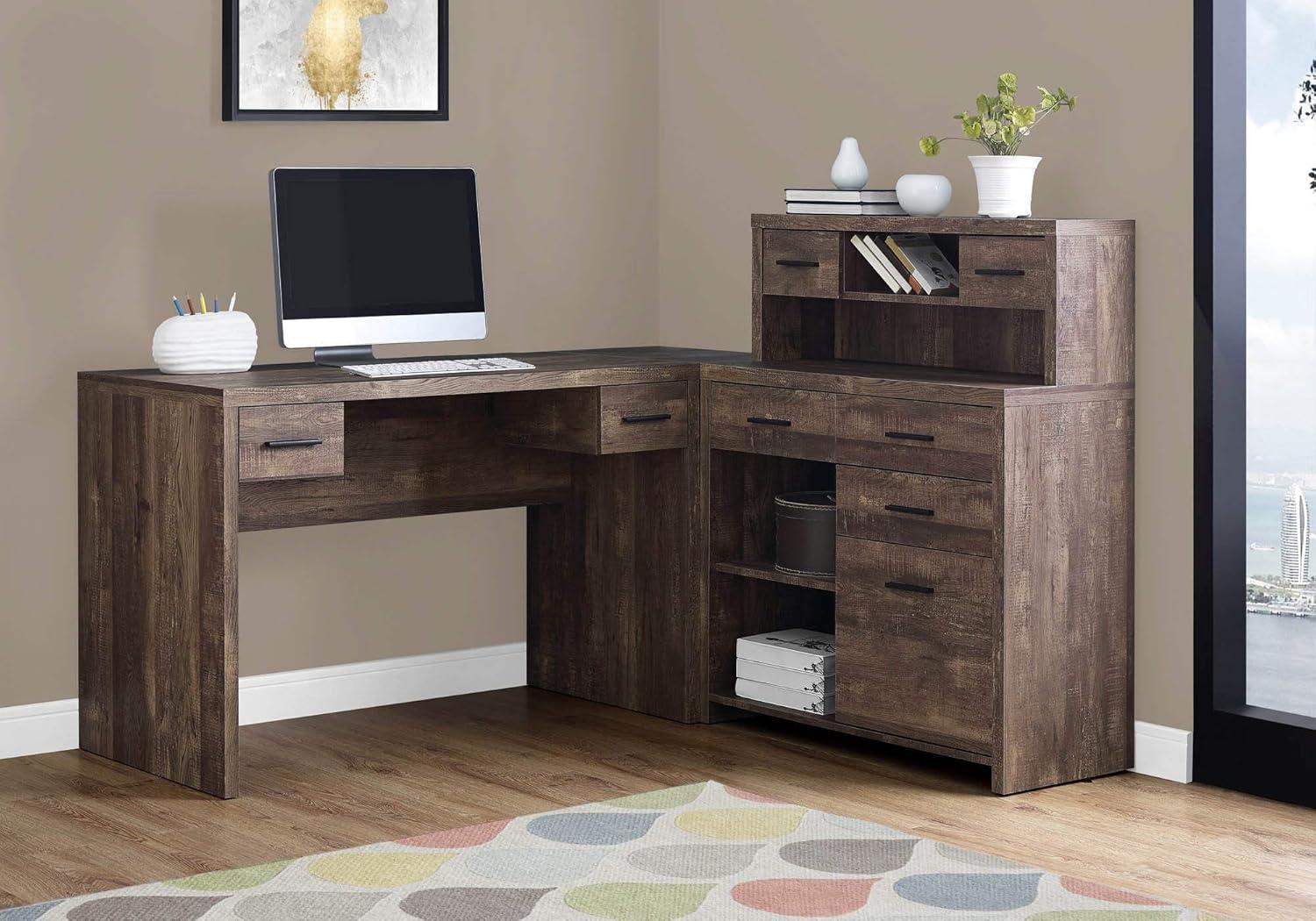 Transitional Brown Reclaimed Wood Corner Desk with Hutch and Storage