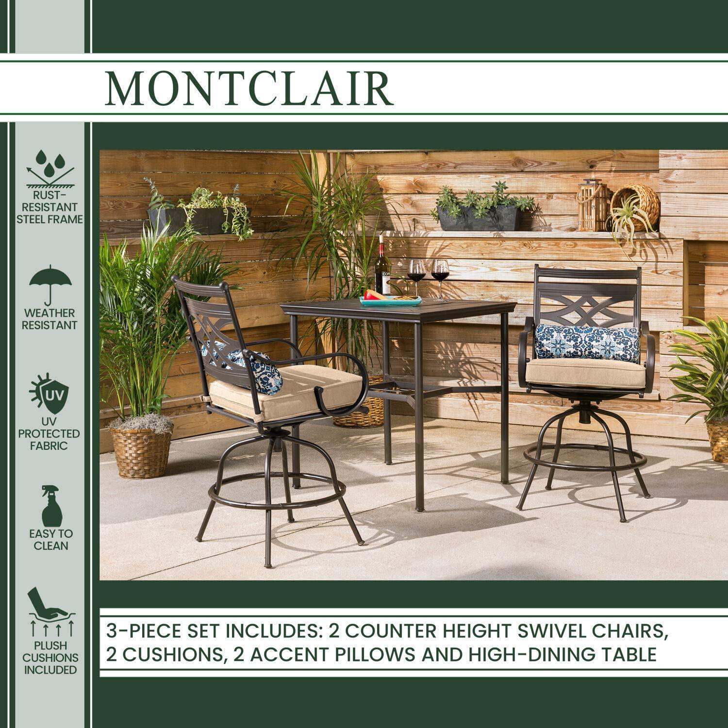 Hanover Montclair 3 Pcs Steel Outdoor High-Dining Set, Tan