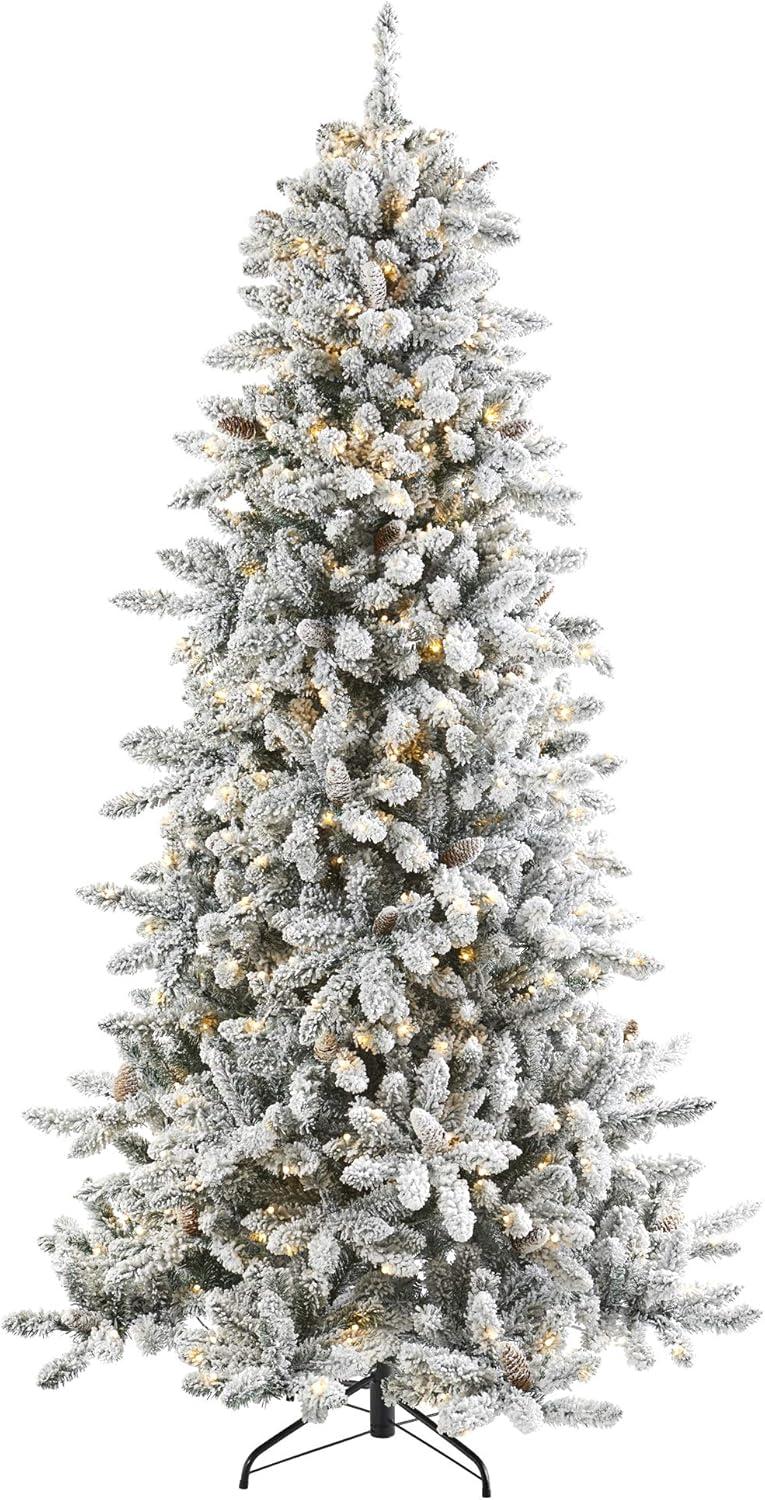 Nearly Natural Pre-Lit LED Flocked Livingston Fir Artificial Christmas Tree with Pinecones Clear Lights