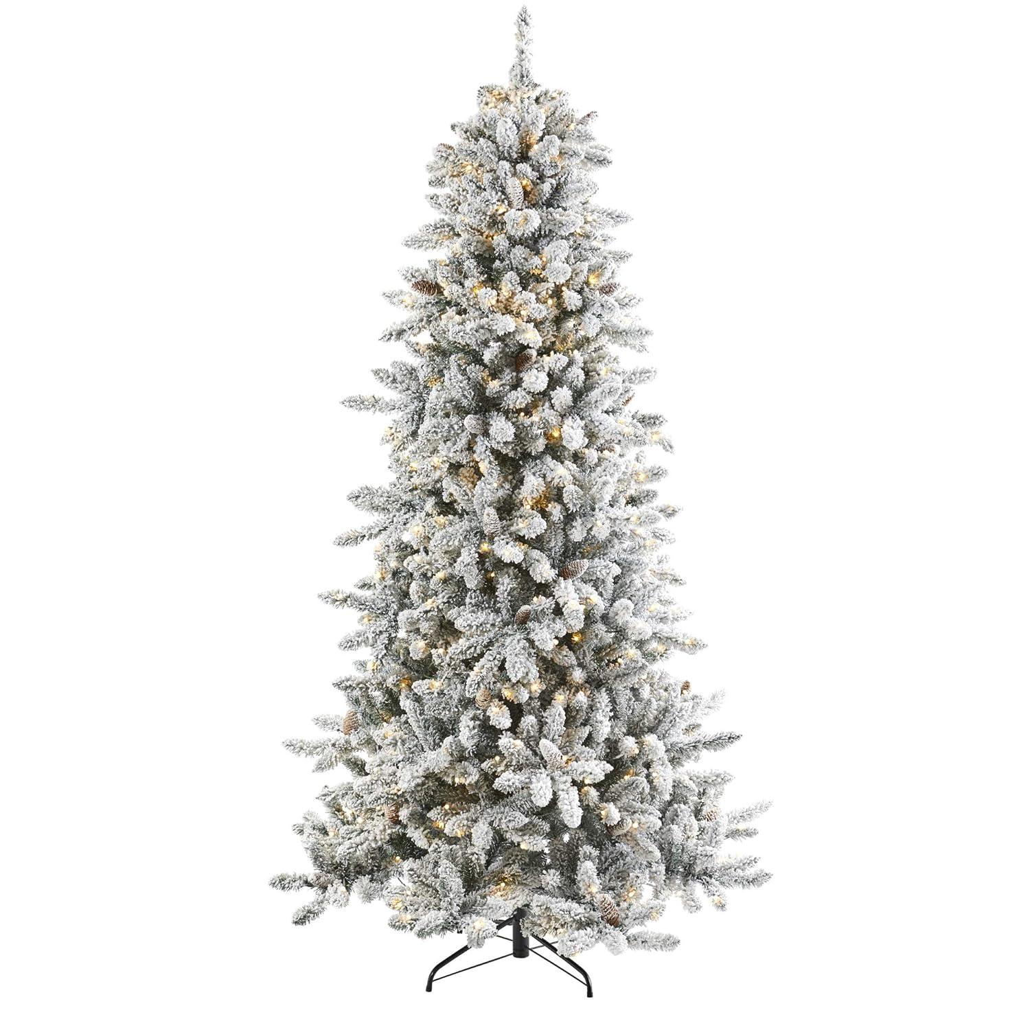 Nearly Natural 7.5' Pre-Lit LED Flocked Slim Livingston Fir with Pinecones, Electric Powered