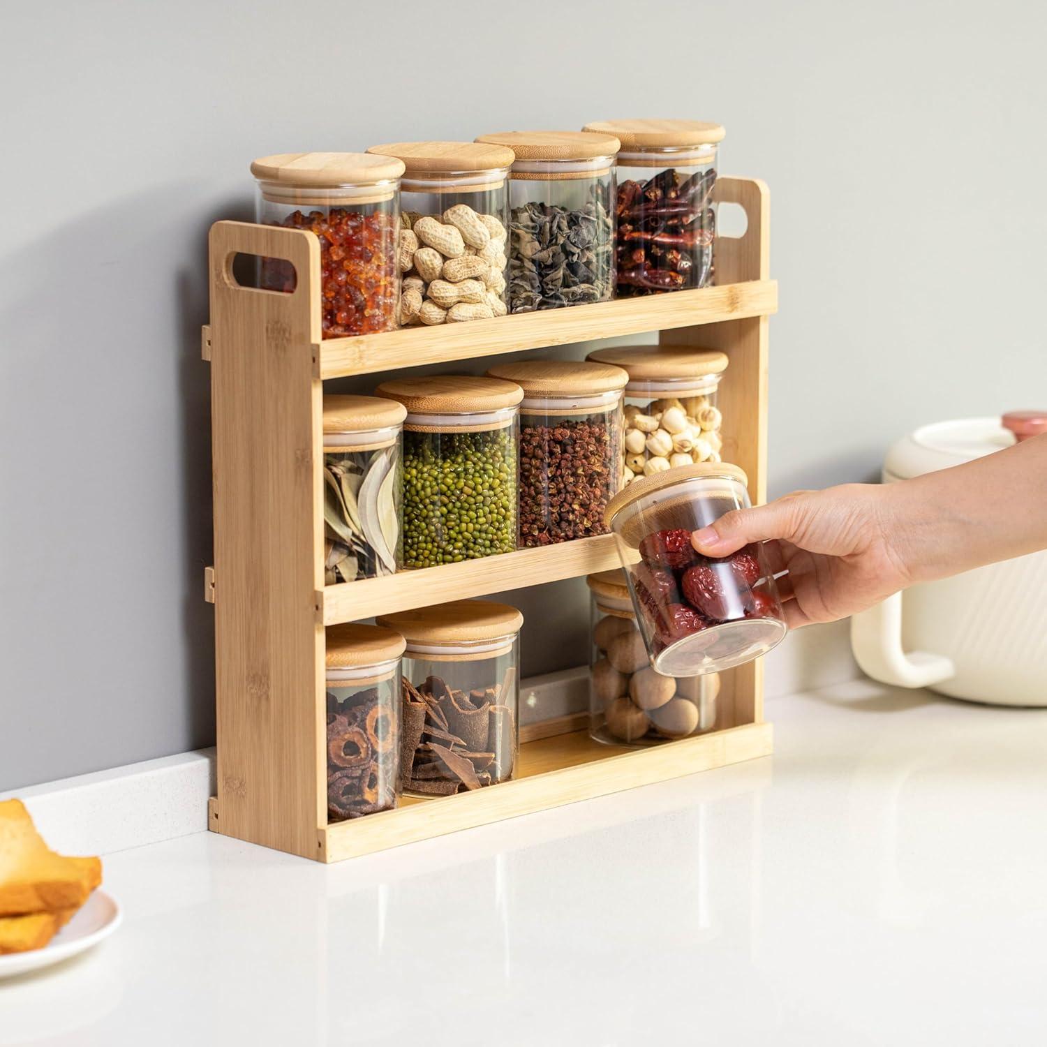 Basicwise 3-Tier Bamboo Spice Rack & Pantry Organizer with 12 Glass Jars.Perfect for Storage in Kitchens to Keep Seasoning Containers Neatly Displayed