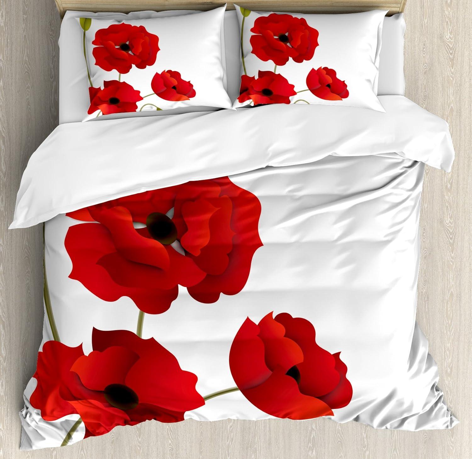 King Red and White Floral Duvet Cover Set