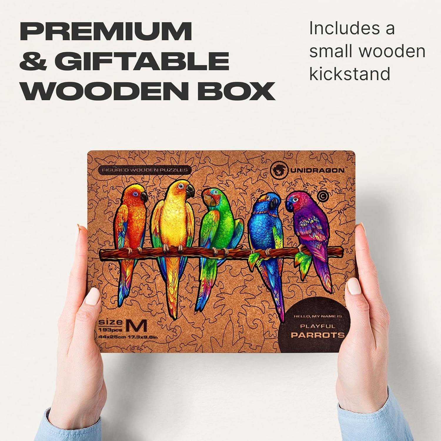 UNIDRAGON Original Wooden Jigsaw Puzzles - Playful Parrots, 104 pcs, Small 13"x7.5", Beautiful Gift Package, Unique Shape Best Gift for Adults and Kids