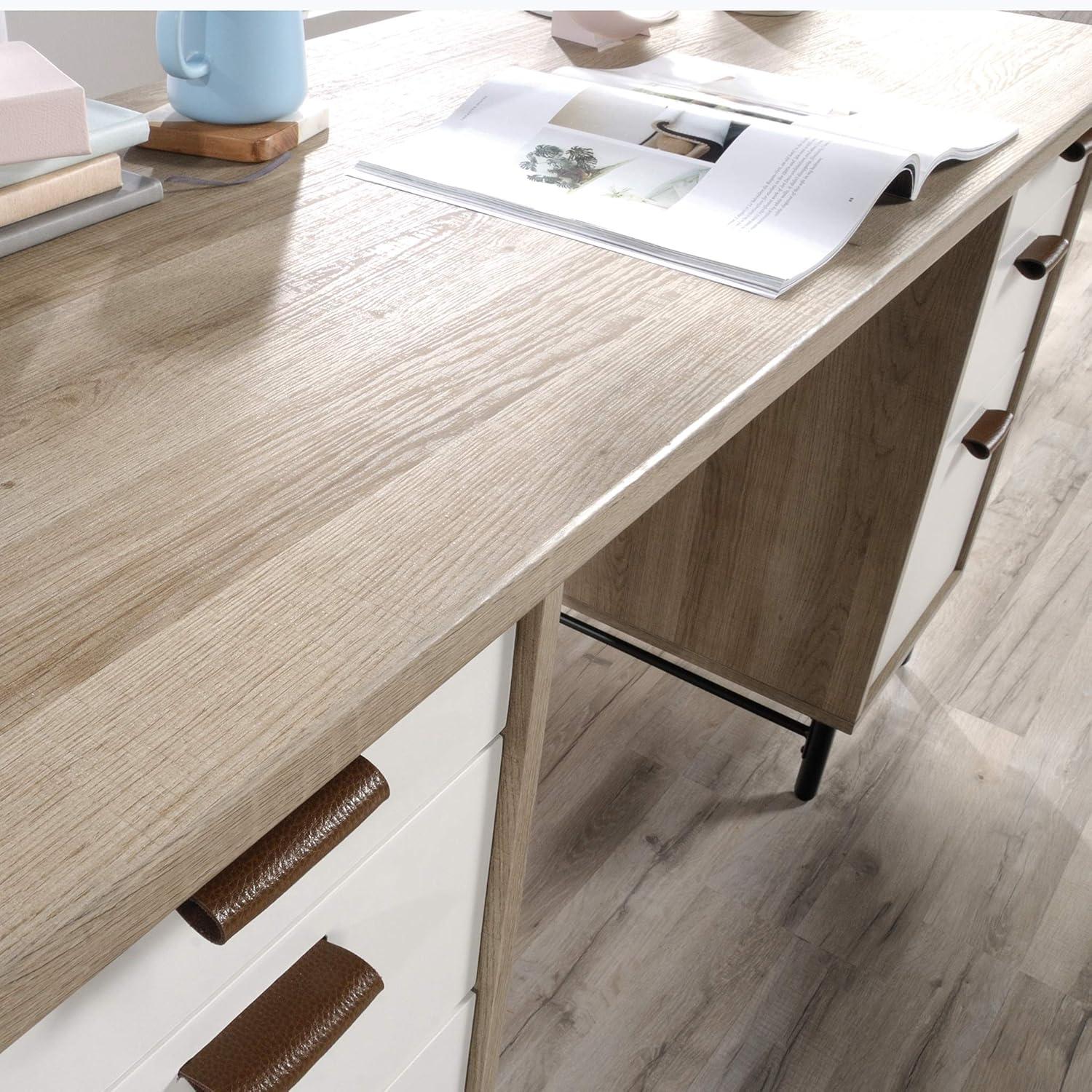 Sky Oak and White Executive Desk with Leather Drawer Pulls