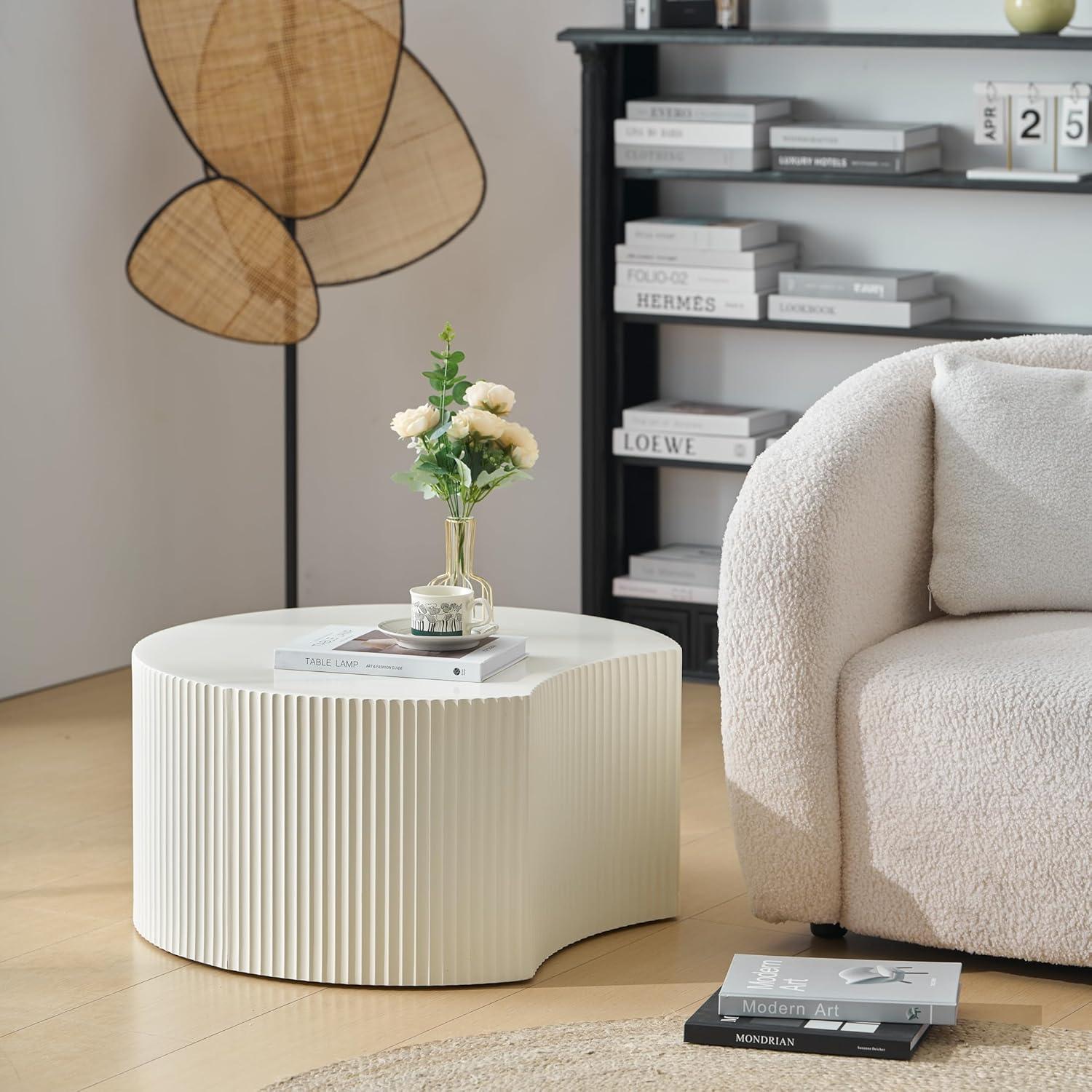 Nesting Coffee Table Set of 2, Vertical Stripe Design Drum Coffee Table, End Table, Round Side Table for Living Room, Bedroom, Beige