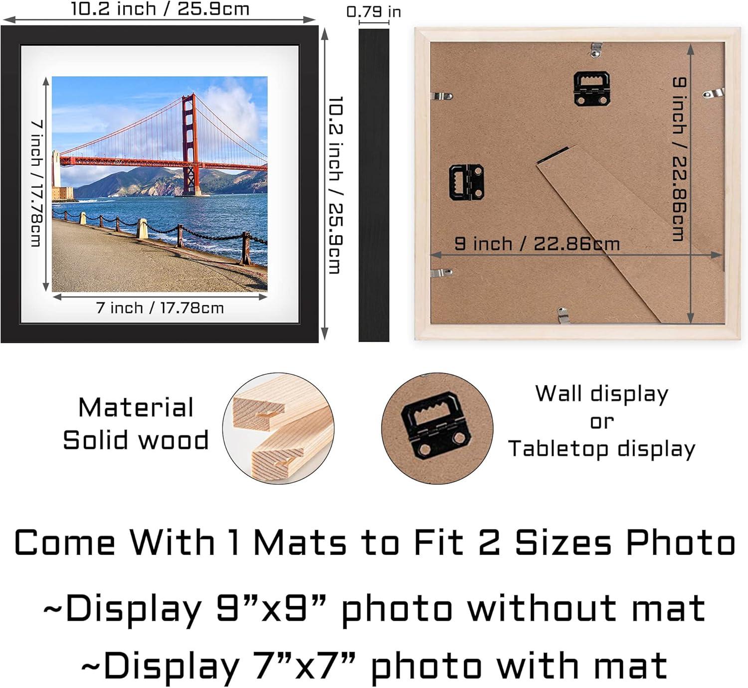 9x9 inch Wood Picture Frame for Wall Hanging or Tabletop Square Photo Frames with 1 Mats Display 7x7 inch for Baby Scan,Poster,Walls Decoration,Anniversary,Wedding,Christmas,Diamond Painting(Black)