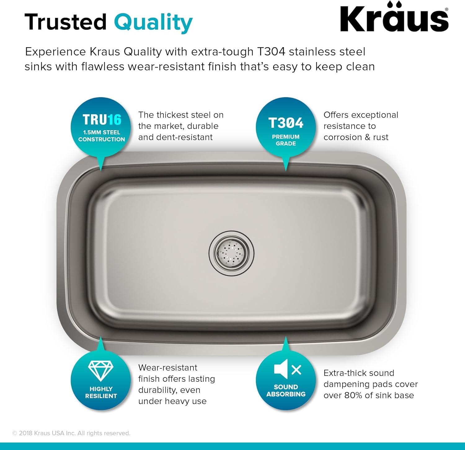 KRAUS Premier 16 Gauge Undermount Single Bowl Stainless Steel Kitchen Sink