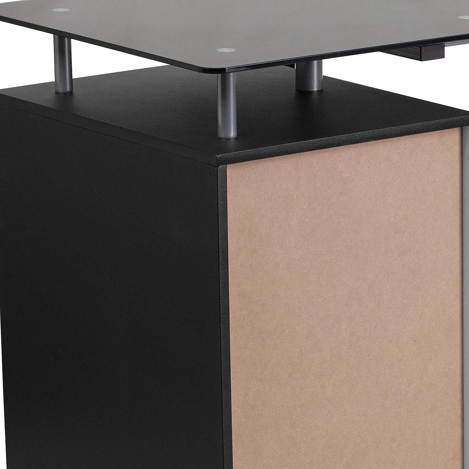 Emma and Oliver Black Glass Computer Desk with Three Drawer Pedestal